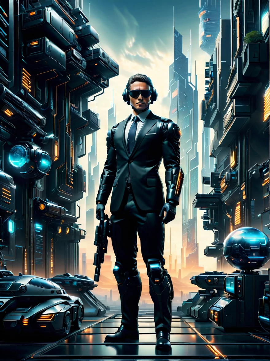 （A man in a stylish black suit:1.5），A futuristic agent equipped with exquisite weapons and equipment，The agent stood firm.，Be prepared，Showcasing a variety of high-tech equipment that is seamlessly integrated into the garments。The background should suggest a future urban landscape，Advanced technology and architecture visible。Agent&#39;s equipment includes innovative and advanced gadgets and weapons，Highlighting the advanced nature of the world they live in。The overall image should convey a sense of mystery、A sense of sophistication and cutting-edge technology。
