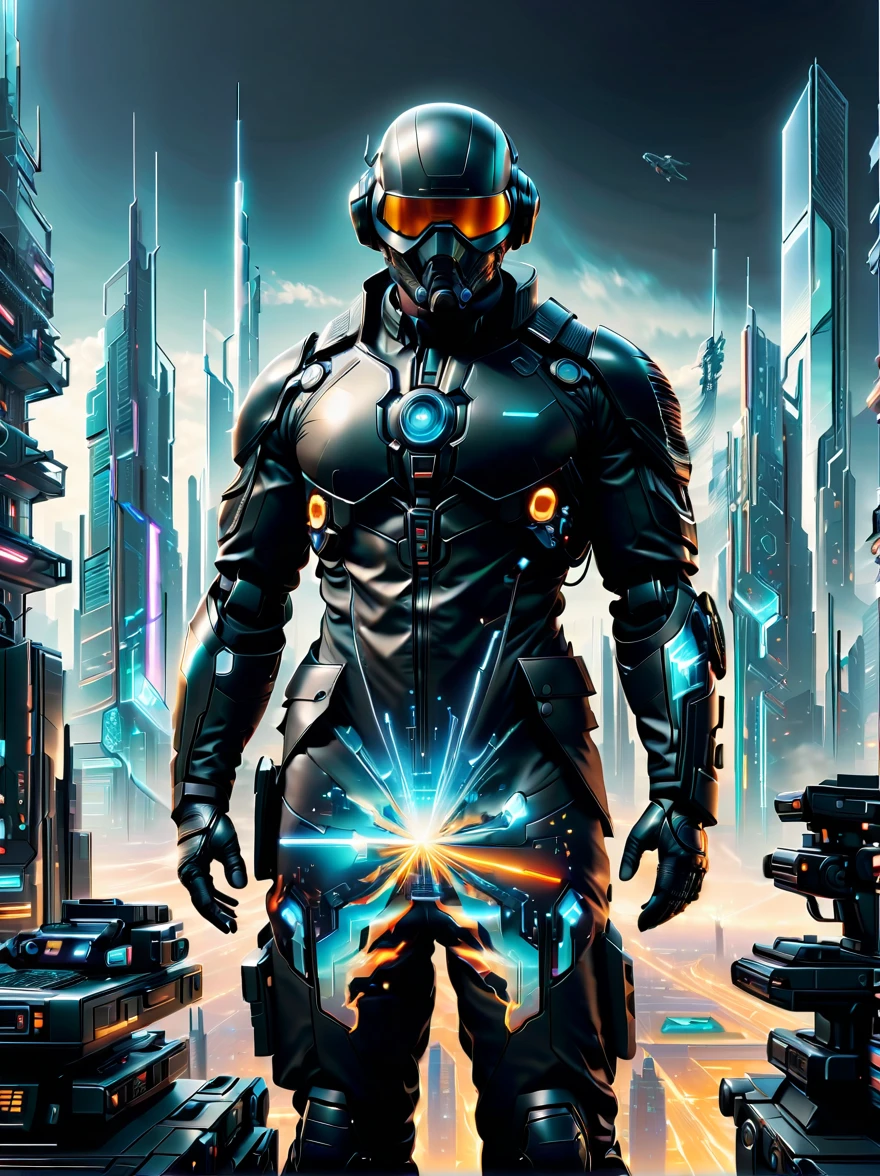 （A man in a stylish black suit:1.5），A futuristic agent equipped with exquisite weapons and equipment，The agent stood firm.，Be prepared，Showcasing a variety of high-tech equipment that is seamlessly integrated into the garments。The background should suggest a future urban landscape，Advanced technology and architecture visible。Agent&#39;s equipment includes innovative and advanced gadgets and weapons，Highlighting the advanced nature of the world they live in。The overall image should convey a sense of mystery、A sense of sophistication and cutting-edge technology。