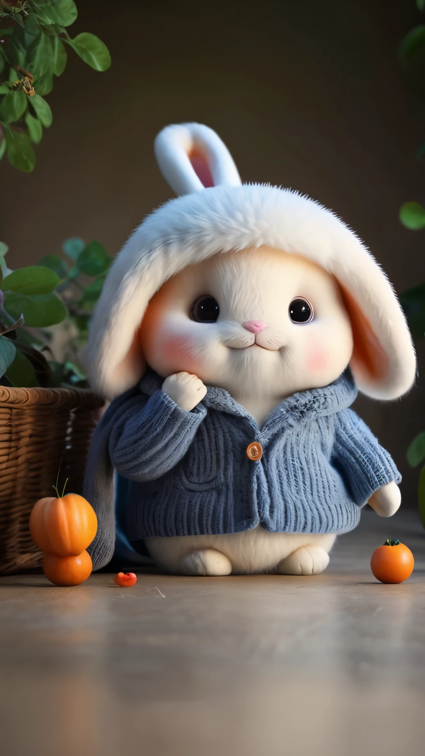 (Masterpiece, award-winning, Best quality, A high resolution) 3D illustration, 1 cute fluffy bunny, wear clothes, lying on a pillow of juicy and ripe fruits, surrounded by a colorful orchard.