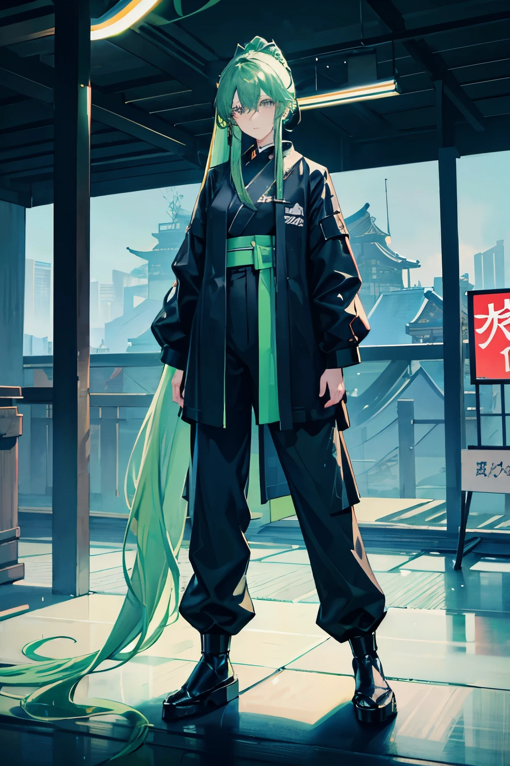 long ponytail、Jade-colored hair、black clothes、cyber punk、pants、Raincoat、beautiful boy、Japanese clothing、light blue and green clothes、Neon color、stand