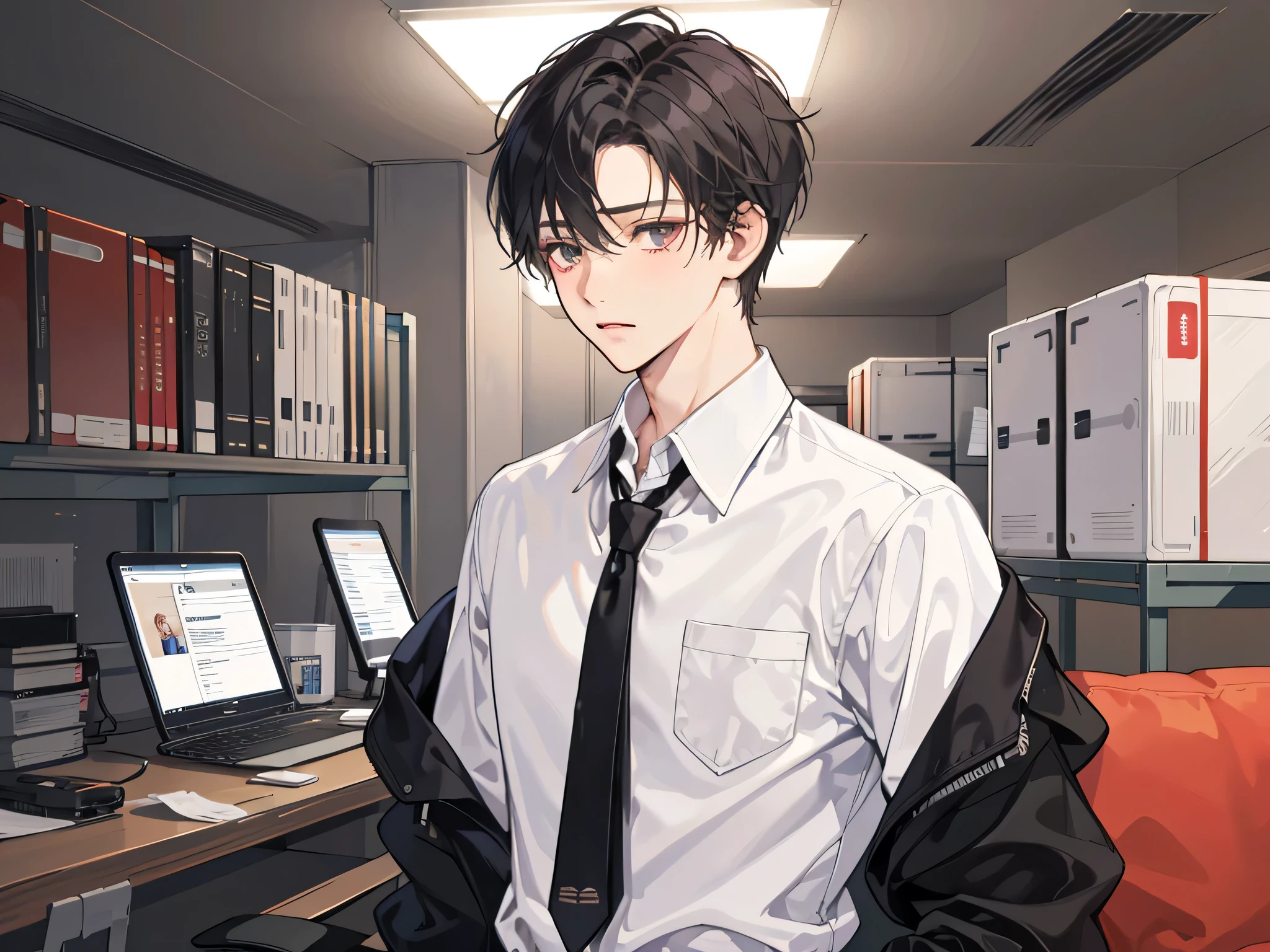 1 boy,((alone)),adult,shy,tired look,suit,white shirt,Upper body,tie,dark circles under the eyes,pants,highest quality,facial details,office,(background office)
