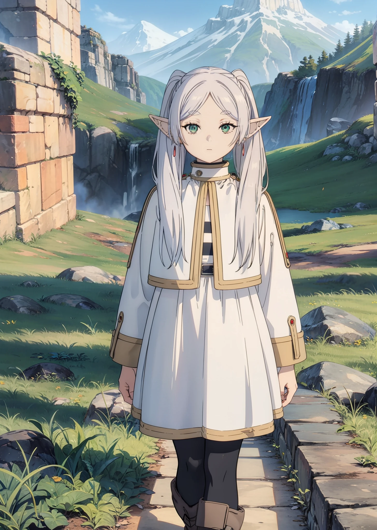 [helltaker], ((masterpiece)), ((HD)), ((high res)), ((beautiful render art)), ((solo portrait)), ((full body)), ((front view)), ((feet visible)), ((detailed shading)), {(attractive); (long elf ears), (long white hair), (cute green eyes), (long white eyelashes), (detailed legs), (beautiful legs), (relaxed expression)}, {(white dress), (long sleeve), (black leggings), (brown boots)}, {(standing), (looking at viewer)}, [background; (mountains), (grass plains), (sunset), (sun rays), (ambient lighting)]