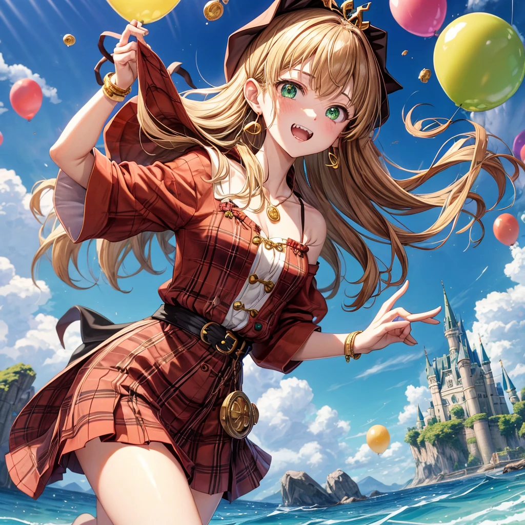 reddish-brown blonde、green eyes、one good looking girl、solo、anime、plaid mini skirt、the skirt has buttons、camisole、black t-shirt、dress、wearing a ribbon、ribbon at waist、cloak、hood、clouds are swirling、stone slabs are piled up、one hand raised、crystal earrings、sun、gold coins are falling、teeth are visible、splash of water、monster castle、have a world map、ceiling、golden key、balloon、jewelry necklace、tiara