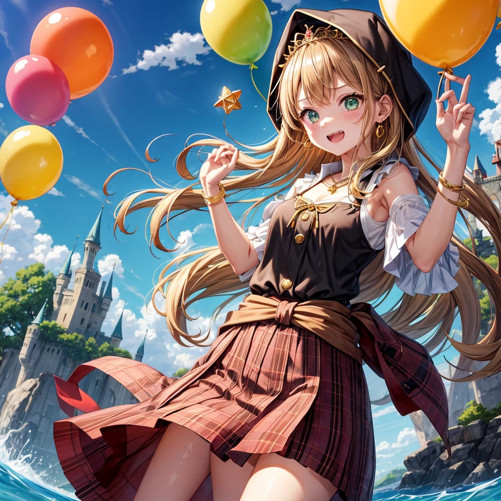 reddish-brown blonde、green eyes、one good looking girl、solo、anime、plaid mini skirt、the skirt has buttons、camisole、black t-shirt、dress、wearing a ribbon、ribbon at waist、cloak、hood、clouds are swirling、stone slabs are piled up、one hand raised、crystal earrings、sun、gold coins are falling、teeth are visible、splash of water、monster castle、have a world map、ceiling、golden key、balloon、jewelry necklace、tiara