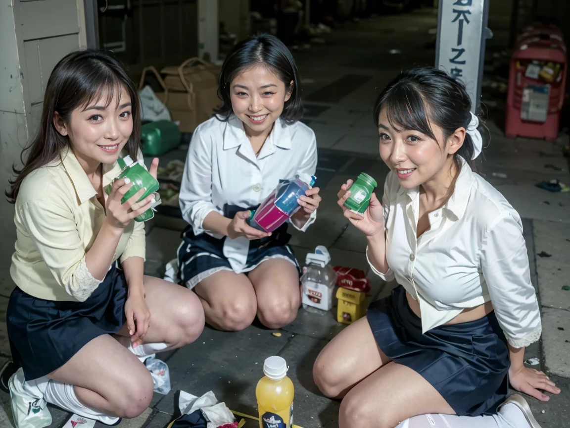 Highest image quality、highest quality、highest resolution、masterpiece、real photos、((Four beautiful and cute 17-year-old high school girls))、((full body shot))、looking at the camera、shot at low angle、((ponytail、Pin Clip Cream、smile))、(Quite lean body)、((Public high school navy blazer uniform、navy check mini skirt:1.2))、((white open collar shirt、White lace bra and white lace panties:1.2))、((khaki cardigan、white socks、black loafers、Take a selfie with your phone、black bag with stuffed animals))、((I&#39;m pretty drunk after drinking too much with my friends.:1.2))、pretty sleepy face、smile、cheeks are a little red、((The location is the sidewalk in front of Shinjuku station during the day.))、((All four of us are sitting on a cardboard spread out.)、(garbage all around,Empty bottles,plastic juice bottle,lunch box container,Snack bags are scattered all over the place.:1.5)