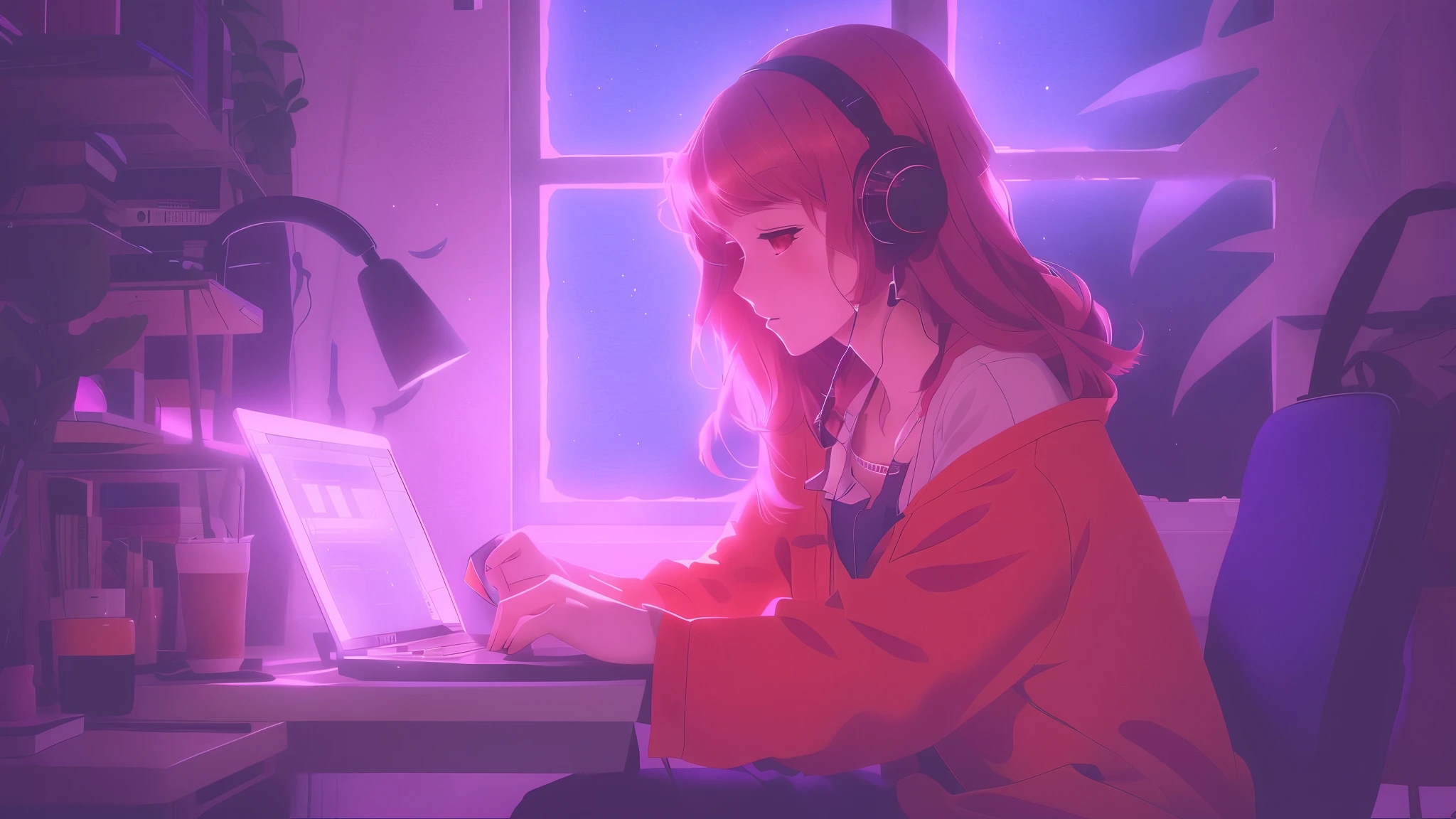 Anime girl sitting at a desk with a laptop and headphones, Lofiatostyle, lofi girl, portrait of lofi, anime atmosphere, Lofiato, anime aesthetics, lofi girl aesthetic, Lofi feeling, anime style 4k, digital anime illustration, anime art wallpaper 4k, anime art wallpaper 4k, anime art wallpaper 8k, Lo-fi atmosphere