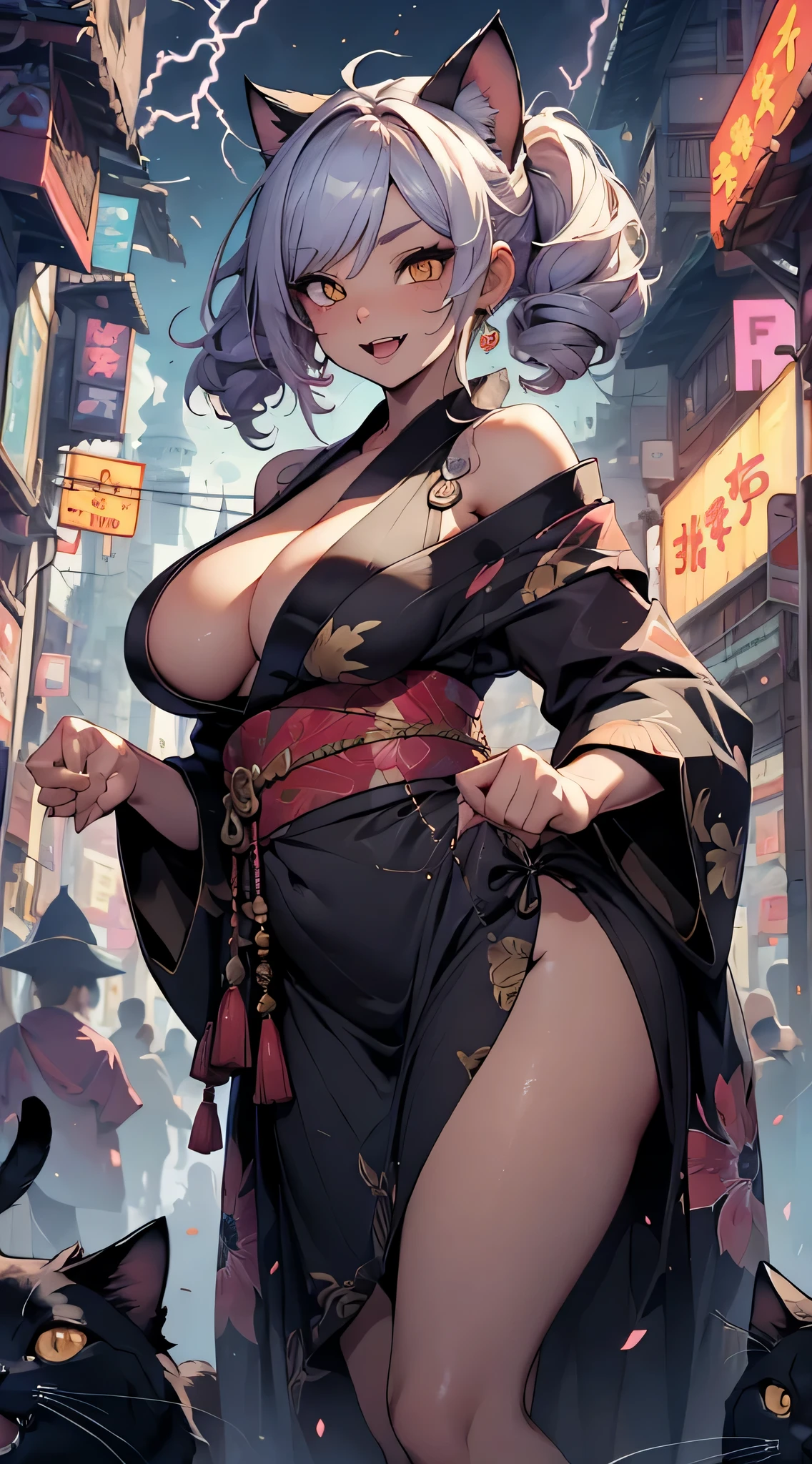black skin, Masugaki, pigtail, golden eyes, cat eyes, tail, canine, kimono, sexy pose, (seductive pose), extremely 귀여운 a sexy pose, laugh, sagging breasts, ridiculously large breasts, very colorful, Standing on all fours, cinematic lightning, detailed background, Most detailed face is well lit, (convoluted) (masterpiece), (best quality), (round face), (detailed face) in front, front view, a bewitching expression