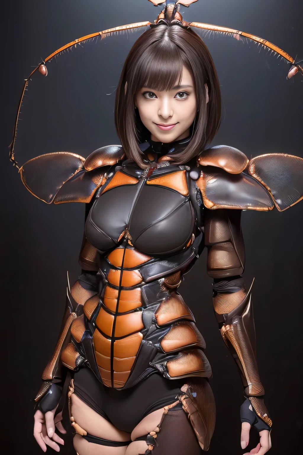 (High resolution,masterpiece,highest quality,Very detailed CG, anime, official art:1.4), realistic, photograph, amazing detail, everything is complicated, shiny and glossy,Amazing number of layers, 8K wallpaper, 3D, sketch, cute, figure,( alone:1.4), perfect female proportions,villain's daughter, (Fusion of dark brown cockroach and lady:1.4), (brown cockroach woman:1.2), (brown cockroach woman:1.2), (Fusion:1.2), (alone:1.4), (evil smile:1.2), muscular, abs, (Cockroach brown exoskeleton bio insect suit:1.4), (Cockroach brown exoskeleton bio insect armor:1.2), (brown transparent cockroach feathers:1.4), (Antennae of brown cockroaches:1.3),