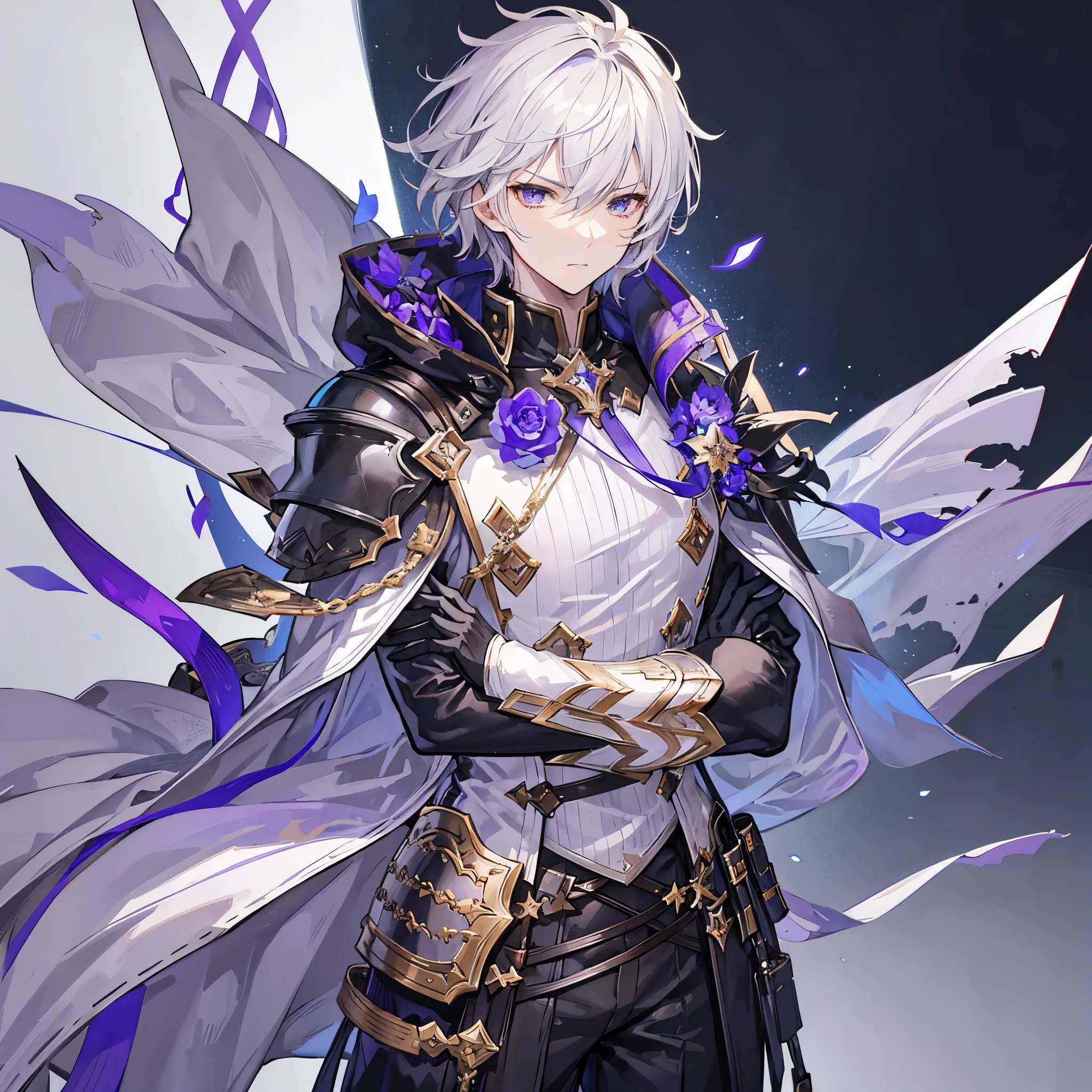 Handsome male, , teenager, short white hair, golden purple eyes, lucilius from granblue fantasy, close up, calm expression, stoic, grey military clothes, black cape, black gloves, crossed arms, upper body, looking at viewer, cowboy shot, white hallway background