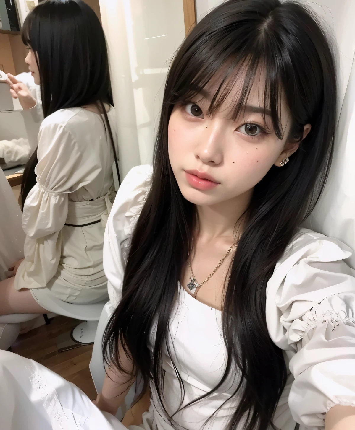 Melhor qualidade, 8K, There is a woman with long hair sitting on a bed, Ulzzang, cabelo longo com franja completa, cabelo longo com franja, penteado com corte hime branco, Sakimichan, franja longa e reta, cabelo preto longo com franja, ela tem cabelo preto com franja, coreana, cabelo longo e escuro com franja, cabelo arrumado com franja, 8K))