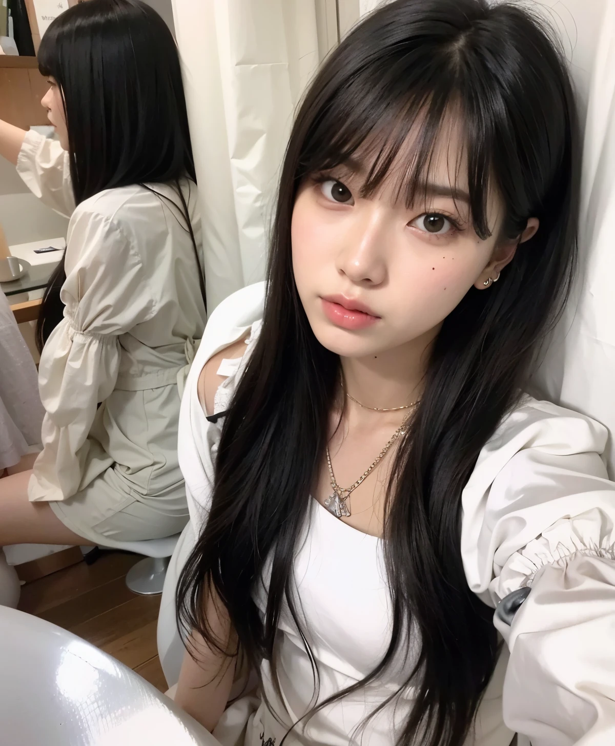 Melhor qualidade, 8K, There is a woman with long hair sitting on a bed, Ulzzang, cabelo longo com franja completa, cabelo longo com franja, penteado com corte hime branco, Sakimichan, franja longa e reta, cabelo preto longo com franja, ela tem cabelo preto com franja,  coreana, cabelo longo e escuro com franja, cabelo arrumado com franja, 8K))