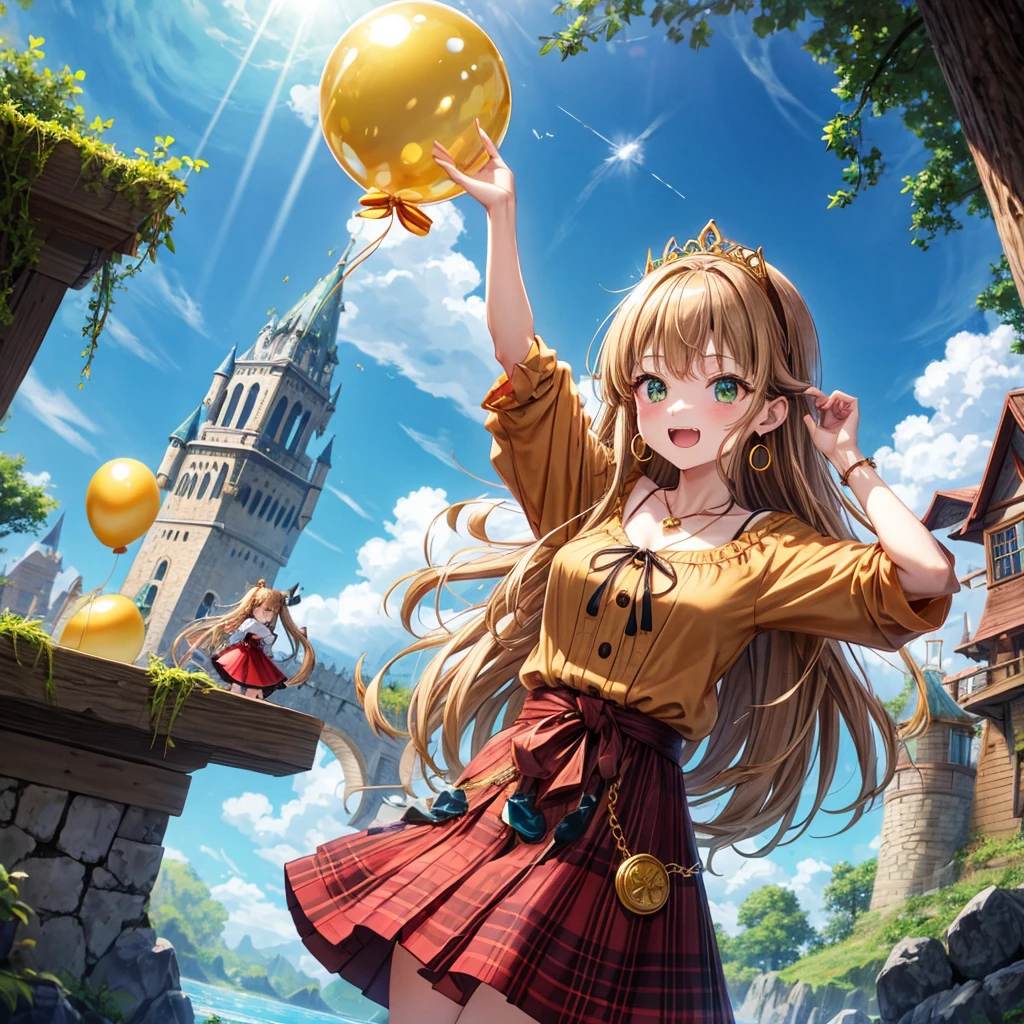 reddish-brown blonde、green eyes、one good looking girl、solo、anime、plaid mini skirt、the skirt has buttons、camisole、black t-shirt、dress、wearing a ribbon、ribbon at waist、cloak、hood、clouds are swirling、stone slabs are piled up、one hand raised、crystal earrings、sun、gold coins are falling、teeth are visible、splash of water、monster castle、have a world map、ceiling、golden key、balloon、jewelry necklace、tiara