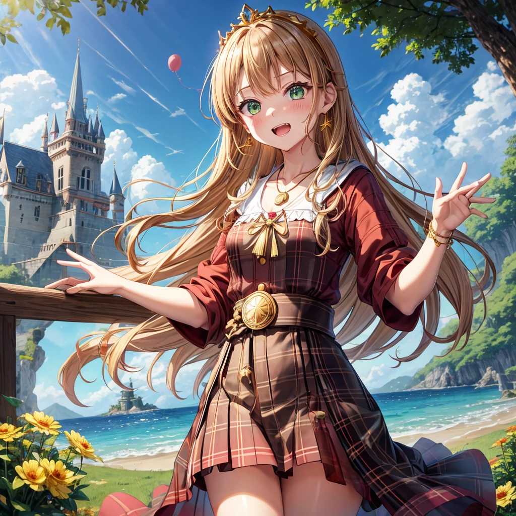 reddish-brown blonde、green eyes、one good looking girl、solo、anime、plaid mini skirt、the skirt has buttons、camisole、black t-shirt、dress、wearing a ribbon、ribbon at waist、cloak、hood、clouds are swirling、stone slabs are piled up、one hand raised、crystal earrings、sun、gold coins are falling、teeth are visible、splash of water、monster castle、have a world map、ceiling、golden key、balloon、jewelry necklace、tiara