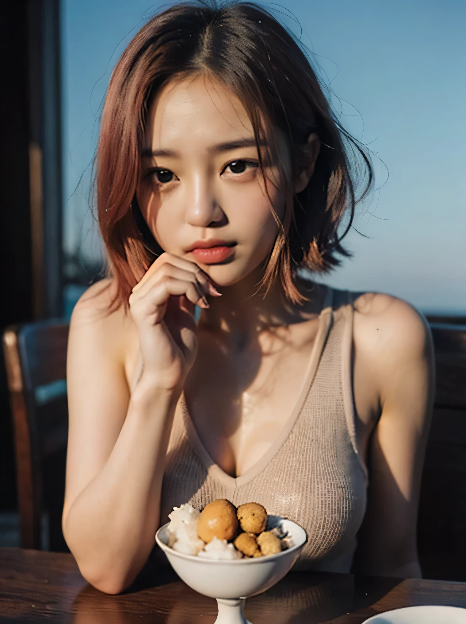 pink hair girl、Close-up of woman wearing tank top, gorgeous young korean woman, beautiful south korean woman, beautiful young korean woman, korean girl, korean woman, beautiful asian girl, beautiful asian woman, Cui Xianhua, short hair, young asian girl, Young cute asian face, Sun Yunzhu, an asian woman, Nam Jae Hwa，on the table，There are rice balls on the table