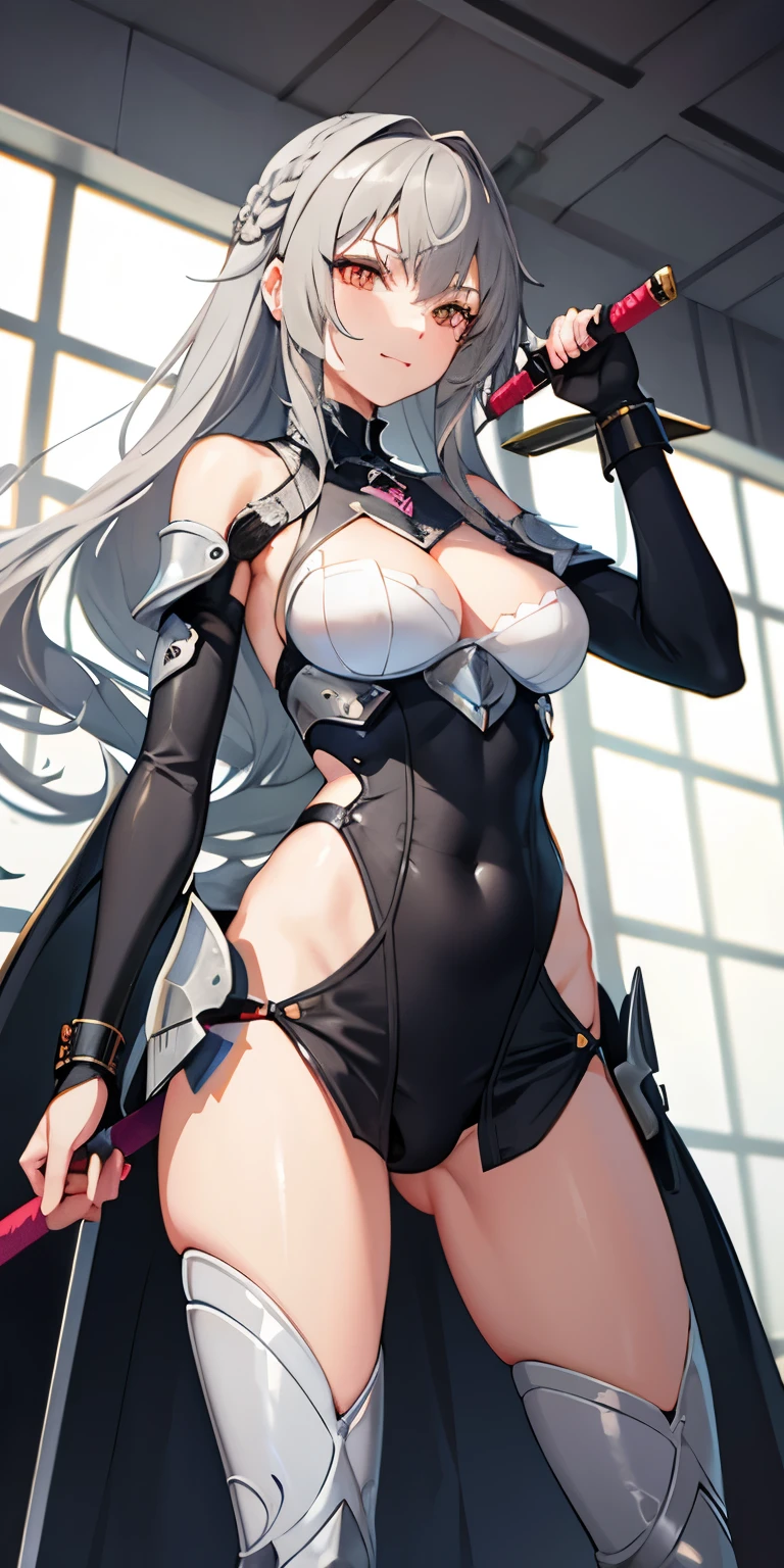 girl gray hair knight prepare the sword grin Crab crotch