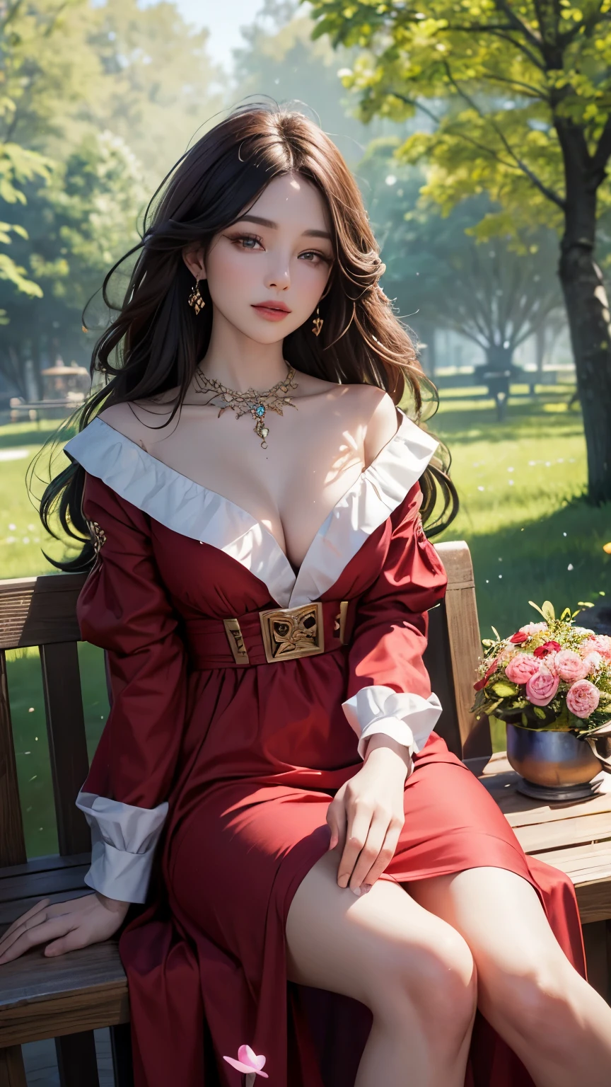 (high quality,8k,unity,lady,beautiful,CG,oil painting:1.2),eyes,nose,lips,face,soft skin, delicate features,long hair flowing,red dress,sparkling jewelry, blooming flowers,lush green garden,serene atmosphere,vibrant colors,sunlight filtering through trees,romantic evening light,subtle shadows,haziness in the air