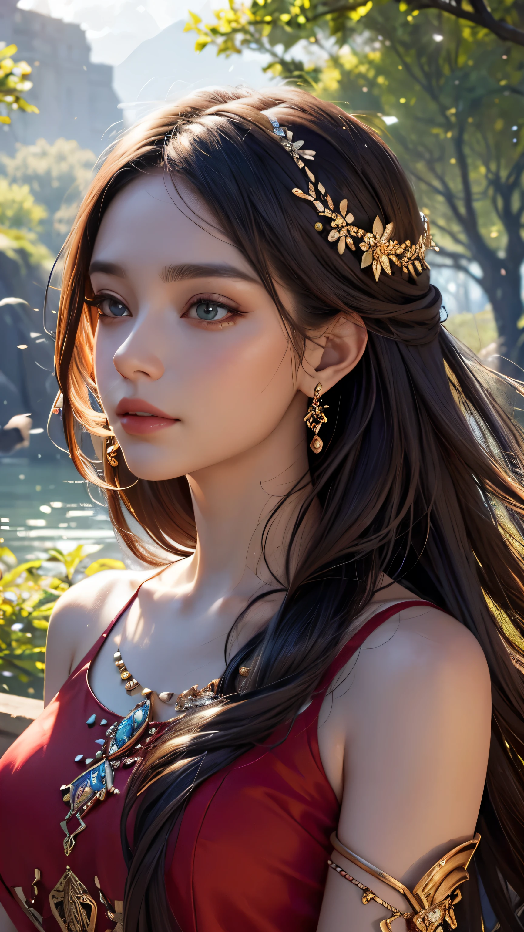 (high quality,8k,unity,lady,beautiful,CG,oil painting:1.2),eyes,nose,lips,face,soft skin, delicate features,long hair flowing,red dress,sparkling jewelry, blooming flowers,lush green garden,serene atmosphere,vibrant colors,sunlight filtering through trees,romantic evening light,subtle shadows,haziness in the air