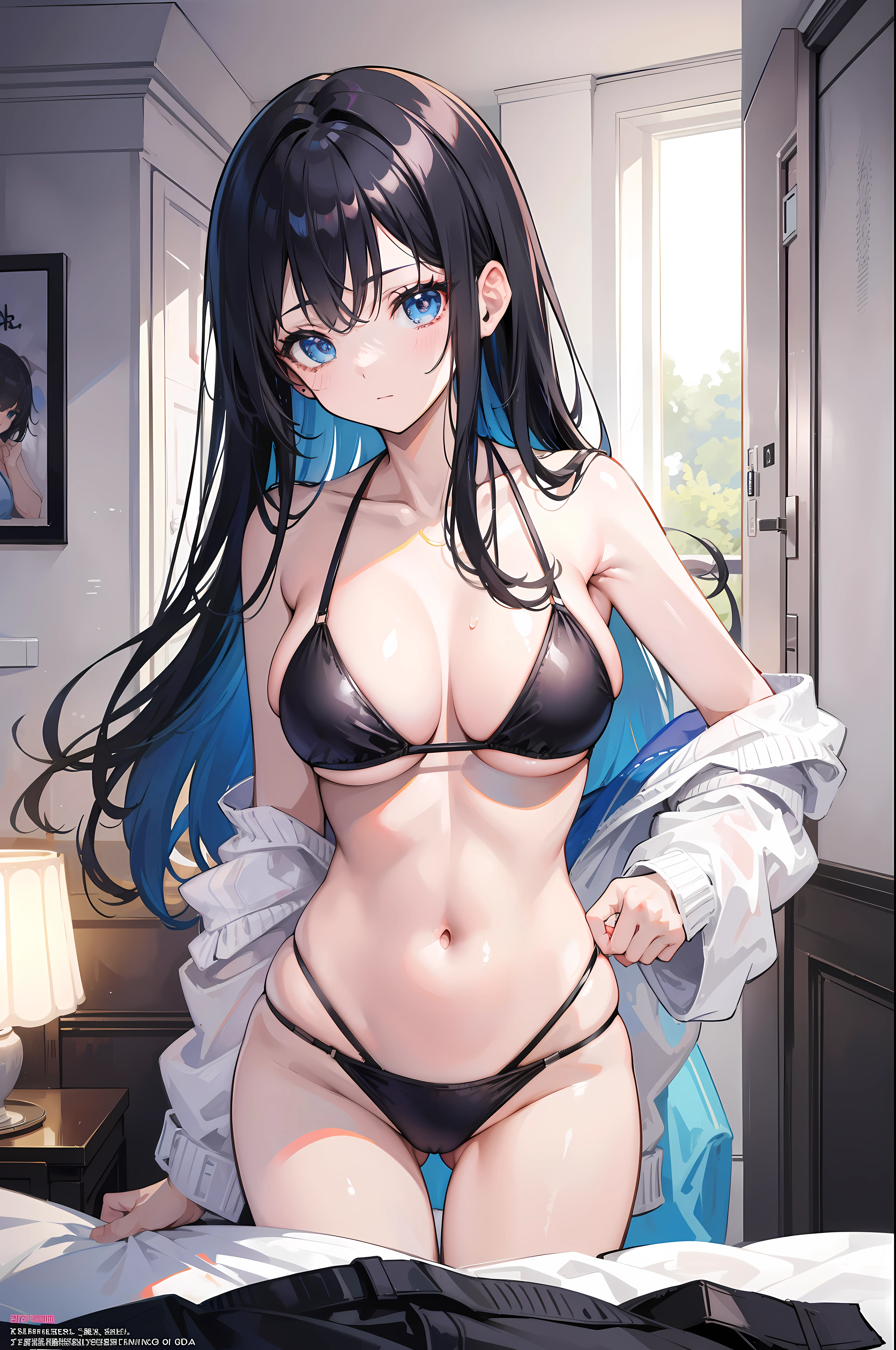 top quality、masterpiece、1girl bikini、women sexy、with an ugly body、cute anime illustration、milf , (black long hair) , (blue eyes) , (room) ,(black bikini) , big bust , (wide hips)