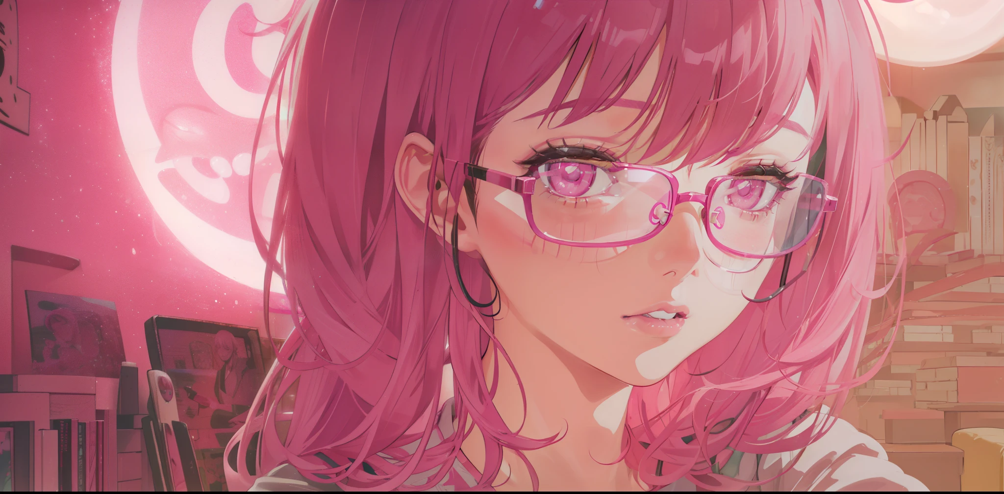 Close-up of a woman with pink hair wearing glasses, artwork in Gubes style, Gubes, cute realistic portrait, Influenced by Masahiko-kun, glowing pink face, pink girl, beautiful anime portrait, pink glasses, glowing pink eyes, Realistic anime 3d style, Enjun Castle, realistic anime art style, ((pink)8k