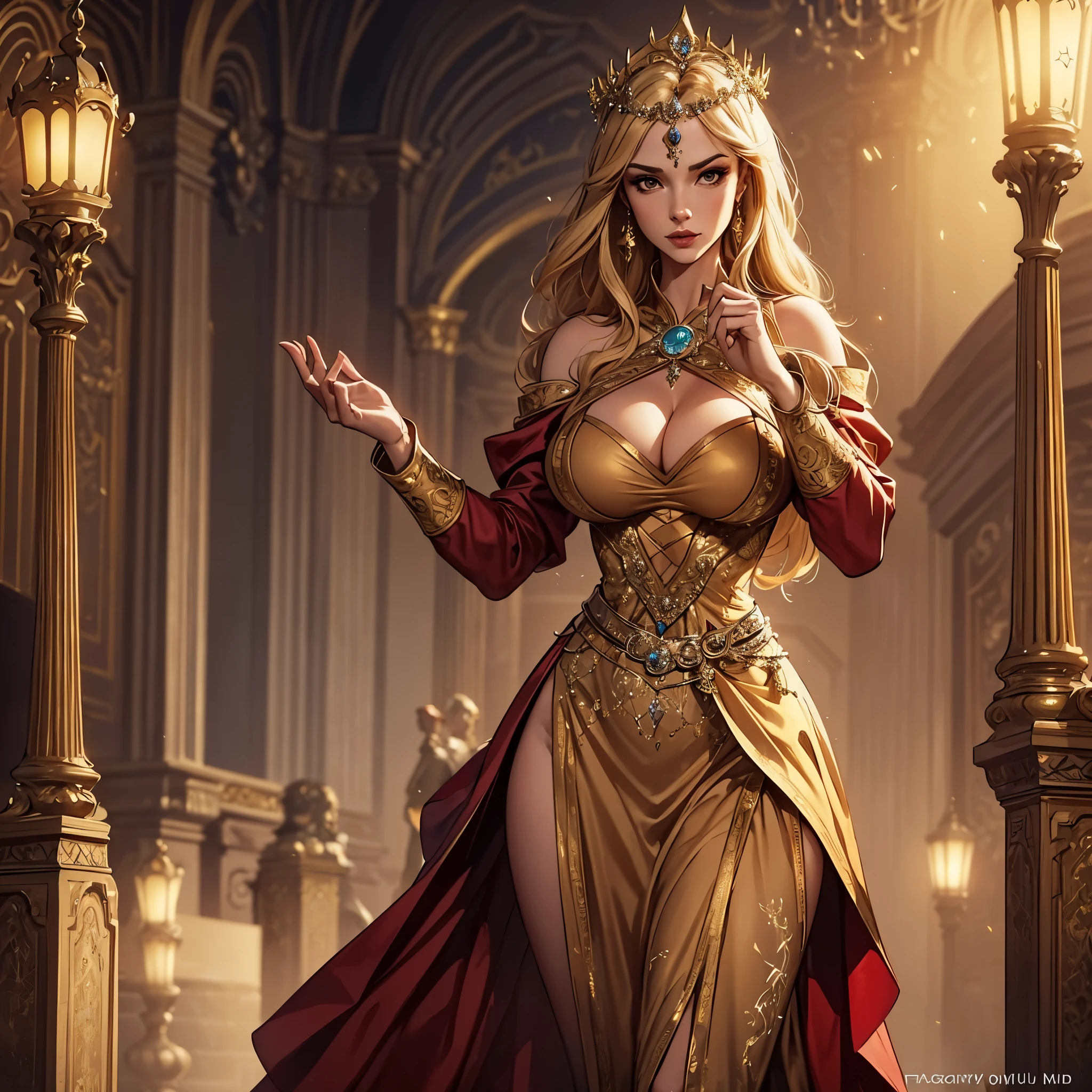 Extremely powerful strong and well endowed twenty years blonde single woman, very sophisticated noble queen empress dress costume, (fantasy extravagant opulent multi-layered dress:1.8), royal opulent parade gown, full of luxury, full of confidence, giant breasts, generous cleavage, medieval fantasy setting, masterpiece, luxury atmosphere, dynamic lighting, intense contrast, inside a beautiful manor, many jewels, many layers, extremely intricate and pretentious , (pretentious:1.3), night time
