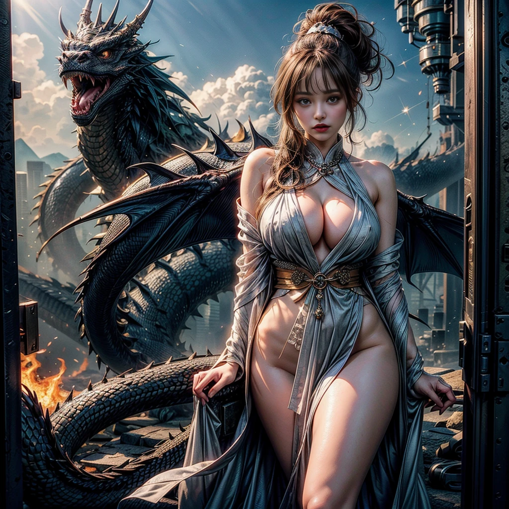 masterpiece, (best quality:1.4), Realistic, extremely detailed CG unified 8k wallpaper, Extremely detailled, High-definition raw color photos, professional photograpy, Realistic portrait, Cinematic Light, Beautiful detailed, 1girl in, (Naked:1.5), Beautiful big breasts, breasts details, Exposed breasts, (cleavage of the breast:1.2), Short ponytail, (Fine face:1.2), Long hair, Close up portrait of a girl in a completely transparent kimono with wide open front, Bare shoulders, (completely transparent kimono with wide open chest:1.4), open chest wide, undress、Beautiful kimono with the image of a dragon, No bra, No panties, cameltoe, (cameltoe details), (with super huge dragon), (super huge and fierce dragon in the background:1.2), Black Dragon, details of the dragon, ((Innumerable sparkling jewels, Myriad shining jewels)), Fantasy Art, Outdoors, highly complex details, Intricately intertwined, fluttering in the sky, overlooking the clouds, rising flames, a desperate situation of crisis, transcendence realism,