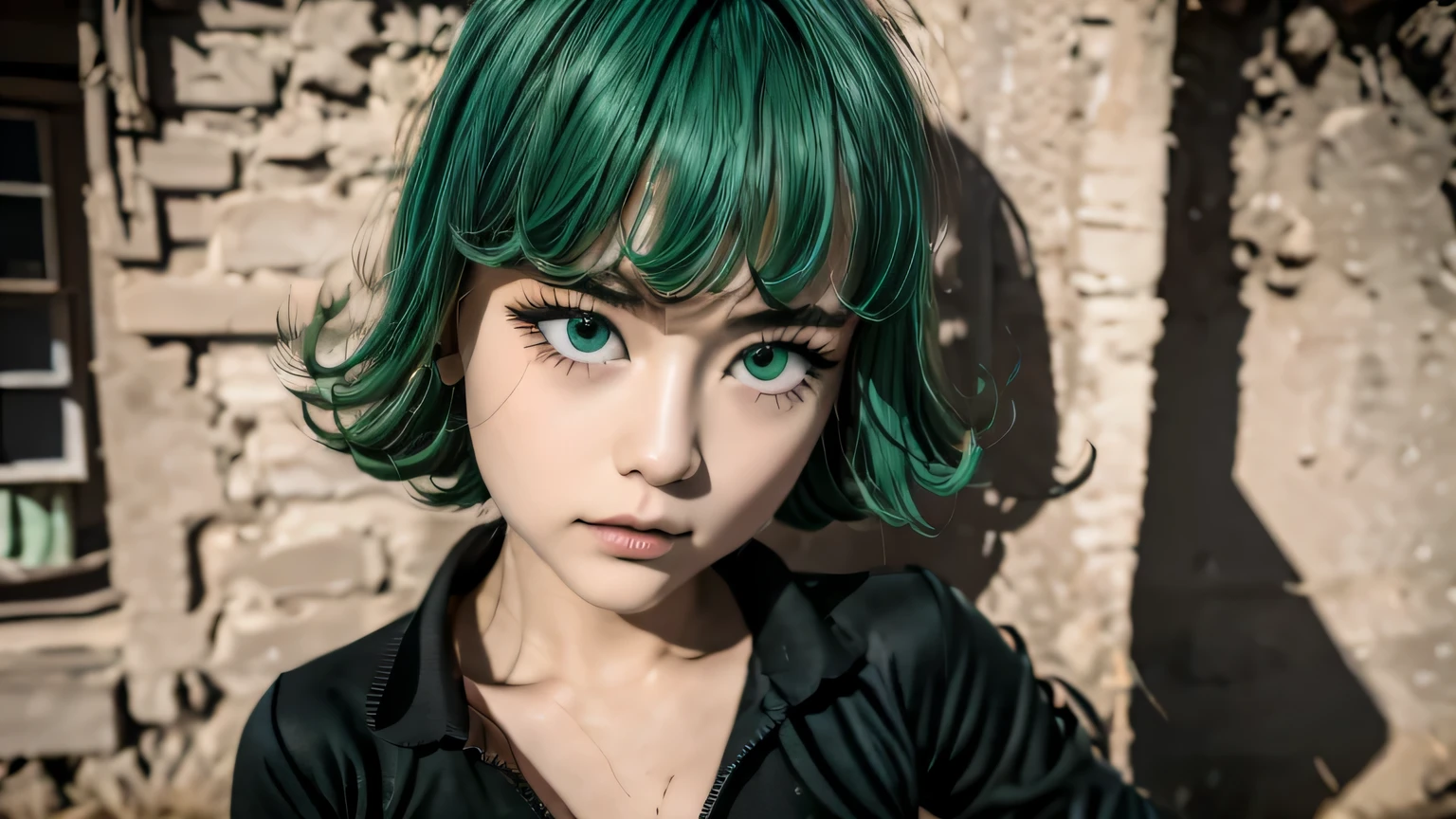 there is a woman as tall as 14 years old asian girl, anime girl in real life, photorealistic anime girl render, ig model | artgerm,Tatsumaki from one punch man, green hime cut hair, with short hair, realistic artstyle, masayoshi suto and artgerm, 8k, High quality image, masterpiece, detailed hair texture, detailed skin texture, detailed cloth texture, 8k, add fabric details, ultra detailed skin texture, ultra detailed photo, skin pores, cloth details, high skin details, realistic hair details, dramatic light, a woman, looking at the viewers.