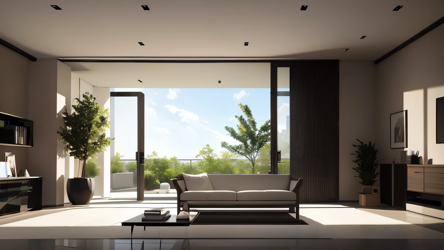 you are a famous interior designer、I was asked to create a 3D image of a large modern room.。. Create a harmonious environment with modern and minimalist furniture. Including garden interior.