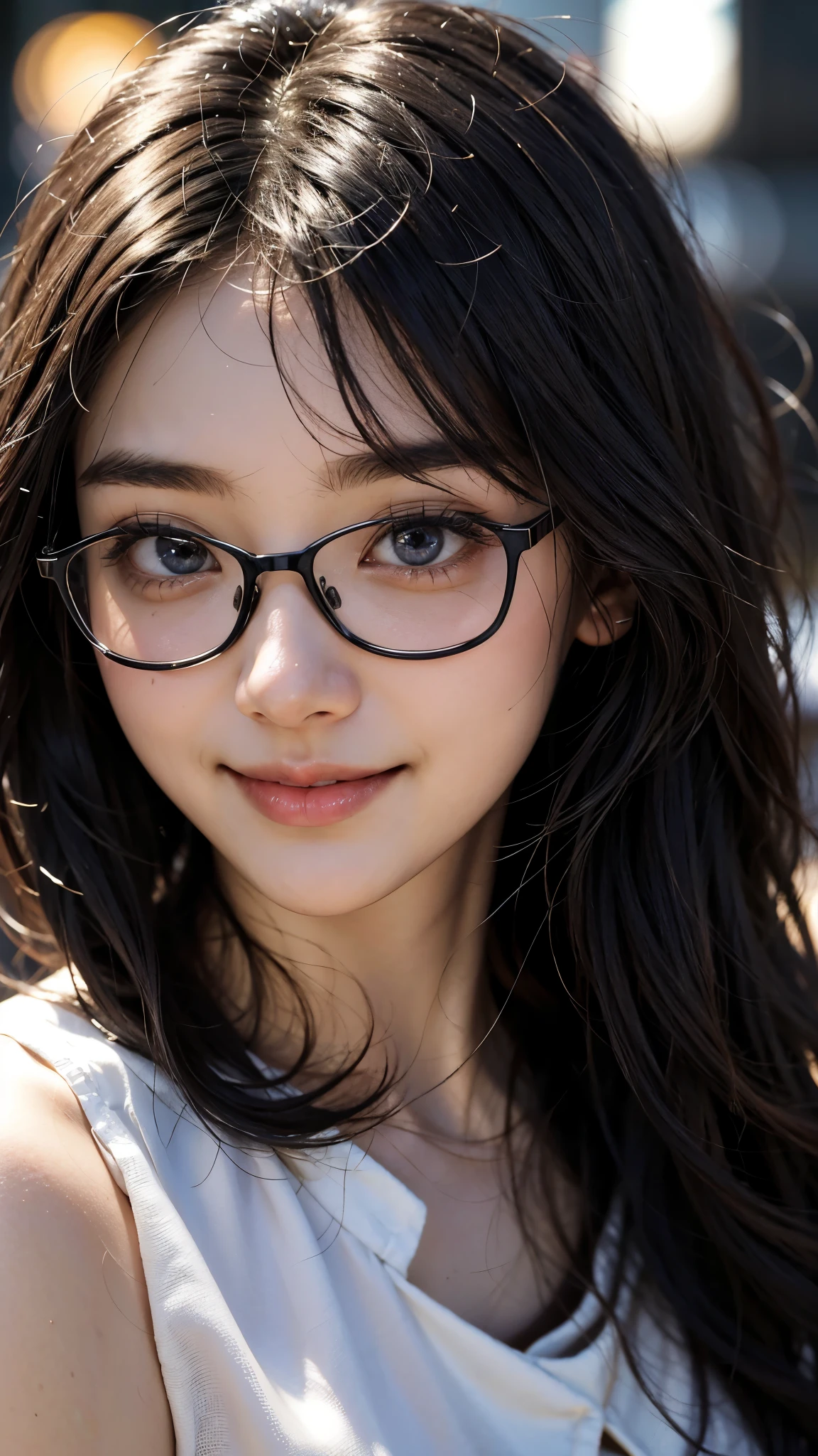 masterpiece, 1 beautiful girl, be familiar with, swollen eyes, highest quality, 超High resolution, (reality: 1.4), original photo, 1 girl, cinematic lighting, smile, Japanese, asian beauty, Korean, clean, super beautiful, small young face, beautiful skin, thin, cyberpunk background, (超reality的な), (High resolution), (8k), (非常にbe familiar with), (Best Illustration), (beautiful detailed eyes), (超be familiar with), (wallpaper), (detailed face), beholder, small details, detailed face, Pure erotic face ace_v1, smile, 46 point diagonal bangs, look straight ahead, neat clothes, dark eyes, clothes sleeveless, body facing forward, cute 18 year old,1 girl, tokyo street,night, cityscape,city lights, ((face close up:1.5)),((白い歯を見せるsmile)),((jet black long curly hair))close, 8k, RAW photo, highest quality, masterpiece,reality的な, photo-reality的な,black rim glasses,