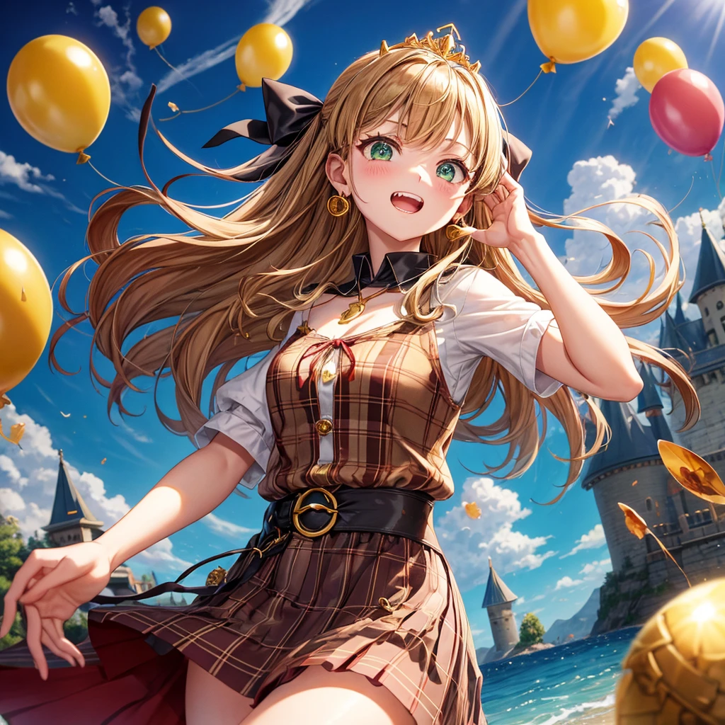 reddish-brown blonde、green eyes、one good looking girl、solo、anime、plaid mini skirt、the skirt has buttons、camisole、black t-shirt、dress、wearing a ribbon、ribbon at waist、cloak、hood、clouds are swirling、stone slabs are piled up、one hand raised、crystal earrings、sun、gold coins are falling、teeth are visible、splash of water、monster castle、have a world map、ceiling、golden key、balloon、jewelry necklace、tiara