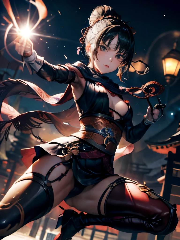 black haired woman、19 years old、Hair is tied into one bun、small breasts、sharp eyes、Thigh exposure、Ready for battle、Holding a dagger in his hand、dancing in the air、jump up、Dynamic movement、Forest of Moonlit Night、Middle Ages Japan