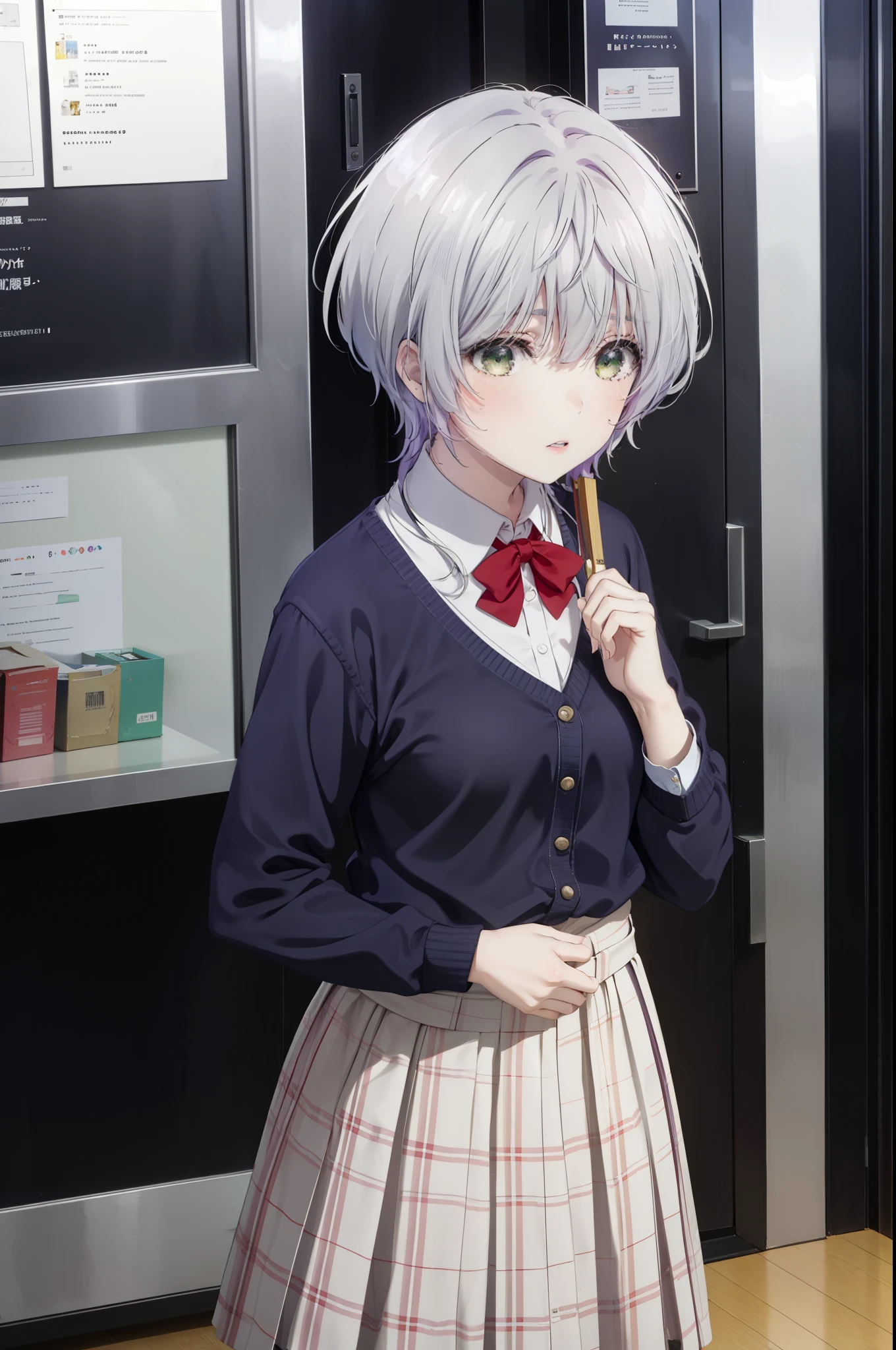 fuukakikuchi, fuuka kikuchi, short hair, bangs, hair between eyes, (green eyes:1.3), gray hair,
break skirt, shirt, long sleeve, school uniform, Jacket, white shirt, pleated skirt, tie, collared shirt, plaid, plaid skirt, blazer, red tie,
break indoors, classroom,
break looking at viewer,
break (masterpiece:1.2), highest quality, High resolution, unity 8k wallpaper, (figure:0.8), (detailed and beautiful eyes:1.6), highly detailed face, perfect lighting, Very detailed CG, (perfect hands, perfect anatomy),