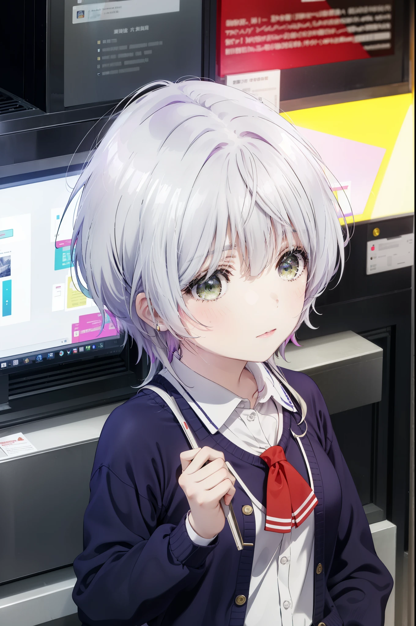 fuukakikuchi, fuuka kikuchi, short hair, bangs, hair between eyes, (green eyes:1.3), gray hair,
break skirt, shirt, long sleeve, school uniform, Jacket, white shirt, pleated skirt, tie, collared shirt, plaid, plaid skirt, blazer, red tie,
break indoors, classroom,
break looking at viewer,
break (masterpiece:1.2), highest quality, High resolution, unity 8k wallpaper, (figure:0.8), (detailed and beautiful eyes:1.6), highly detailed face, perfect lighting, Very detailed CG, (perfect hands, perfect anatomy),