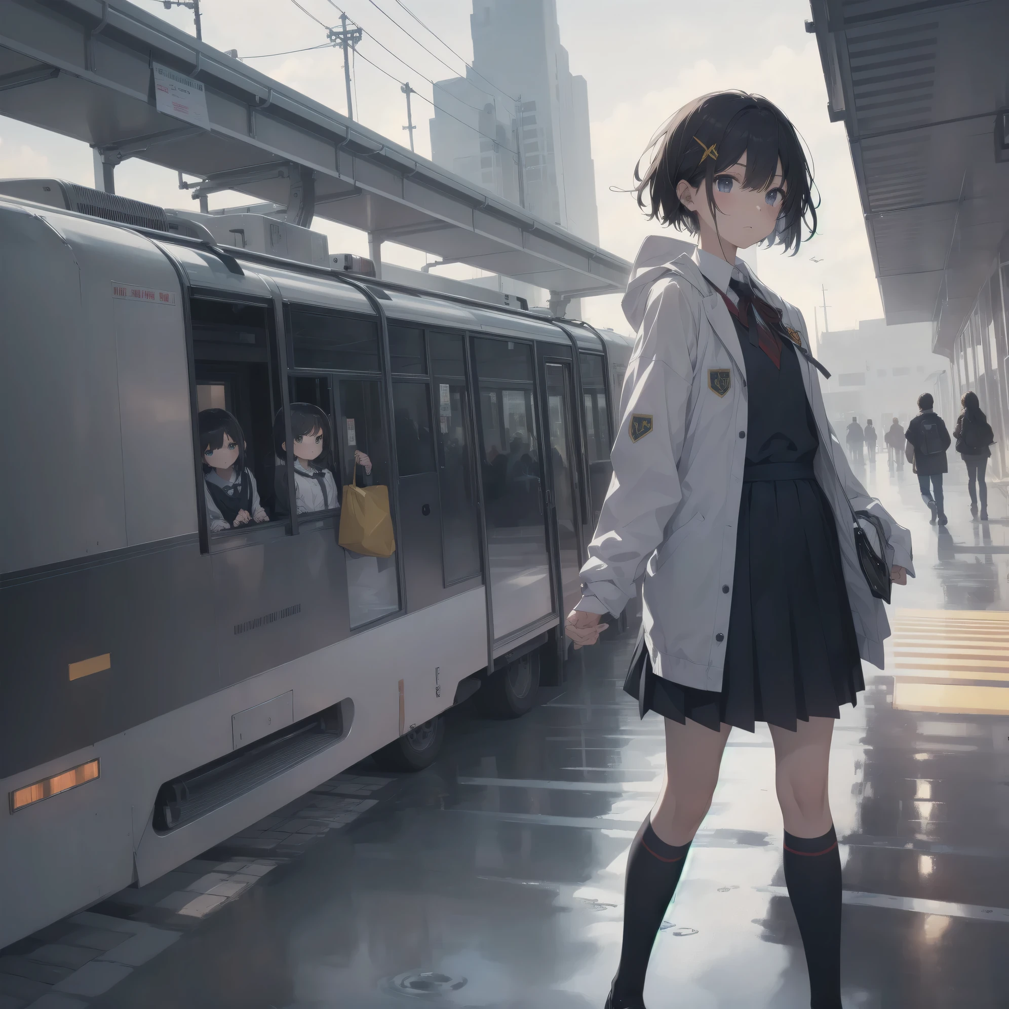Super absurd quality by the god of art, super detailed, High resolution, anime moe art style, Best Anime 8K Kona-chan Wallpaper, pixiv contest winner, perfect anatomy, break,(眠そうにalone学校へ行く女の子を描いてください. )break,1 girl, (alone,little woman, baby face, 13 years old:1.3),All limbs, full finger,, The charm of an immature body, (very short hair), bangs, flat chest, Small Bodysuits, small ass, between legs, small black eyes, detailed and beautiful eyes, Well-proportioned iris and pupils, expressive eyes, sleepy eyes, High resolutionの詳細な髪, ribbon, neck ribbon, skirt, collared shirt, pleated skirt, school uniform, school bag,(detailed lighting), (detailed background), On the way to school. break,super dense skin, cinematic lighting, 8k, figure,photoshop_(Moderate),Absurd Hi-Res,Hmm,rough skin