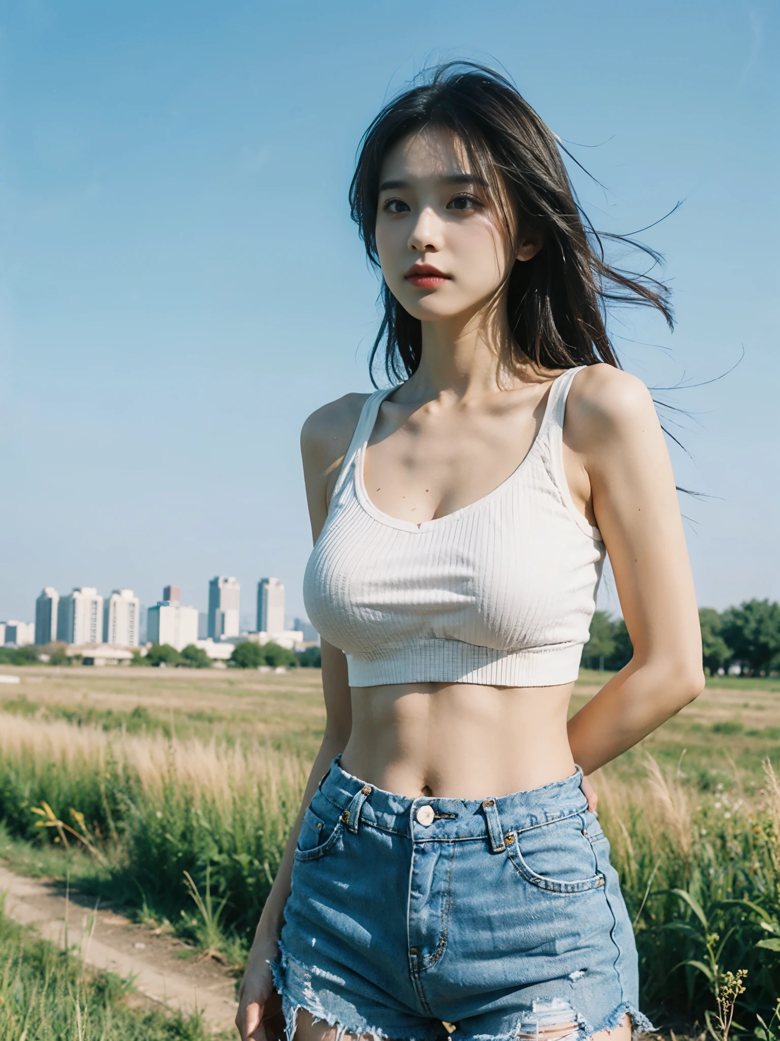Beautiful skyline, Large grasslands, A girl in white torn crop top and distressed blue denim short shorts, Perfect body: 1.4, Slim abdomen: 1.2, gigantic cleavage breasts,