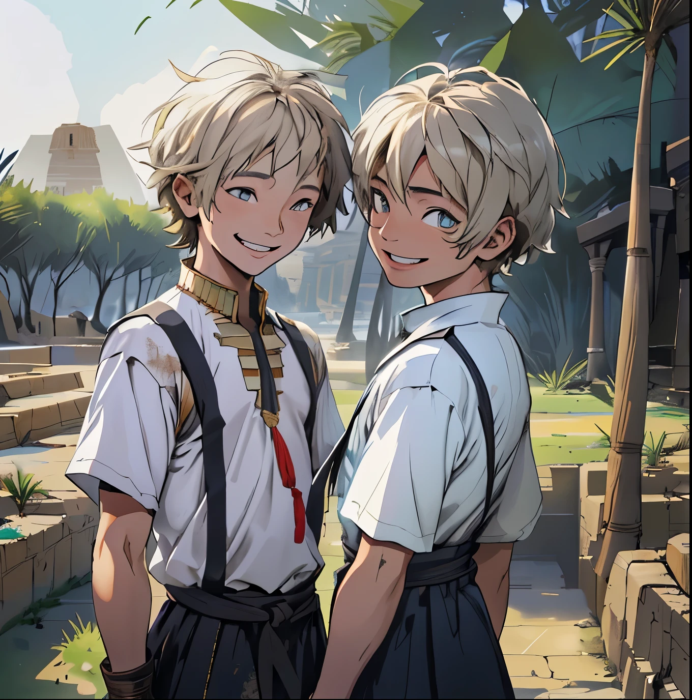 The boys are talking smilingly with their mouths open and smiling with some shame and shame. In the background you can see the neighborhoods of an ancient Egyptian city, palaces and pyramids.