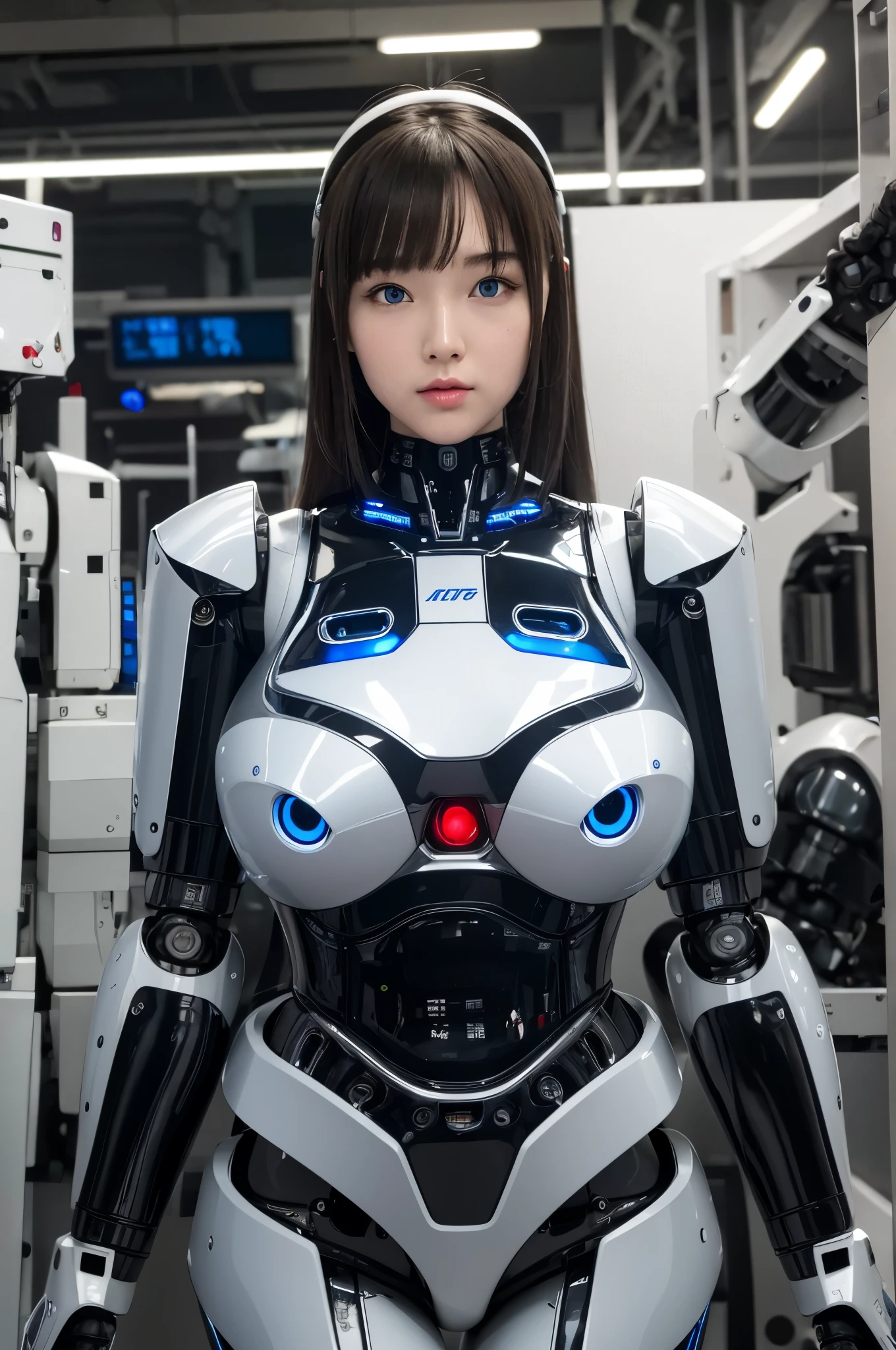 masterpiece, best quality, extremely detailed, Japaese android girl,Plump ,control panels,android,Droid,Mechanical Hand, Robot arms and legs,Blunt bangs,perfect robot girl,long tube,thick cable connected her neck,android,robot,humanoid,cyborg,japanese cyborg girl ,robot-assembly plant,She has assembled now,assembly scene,chest monitor,blue eyes