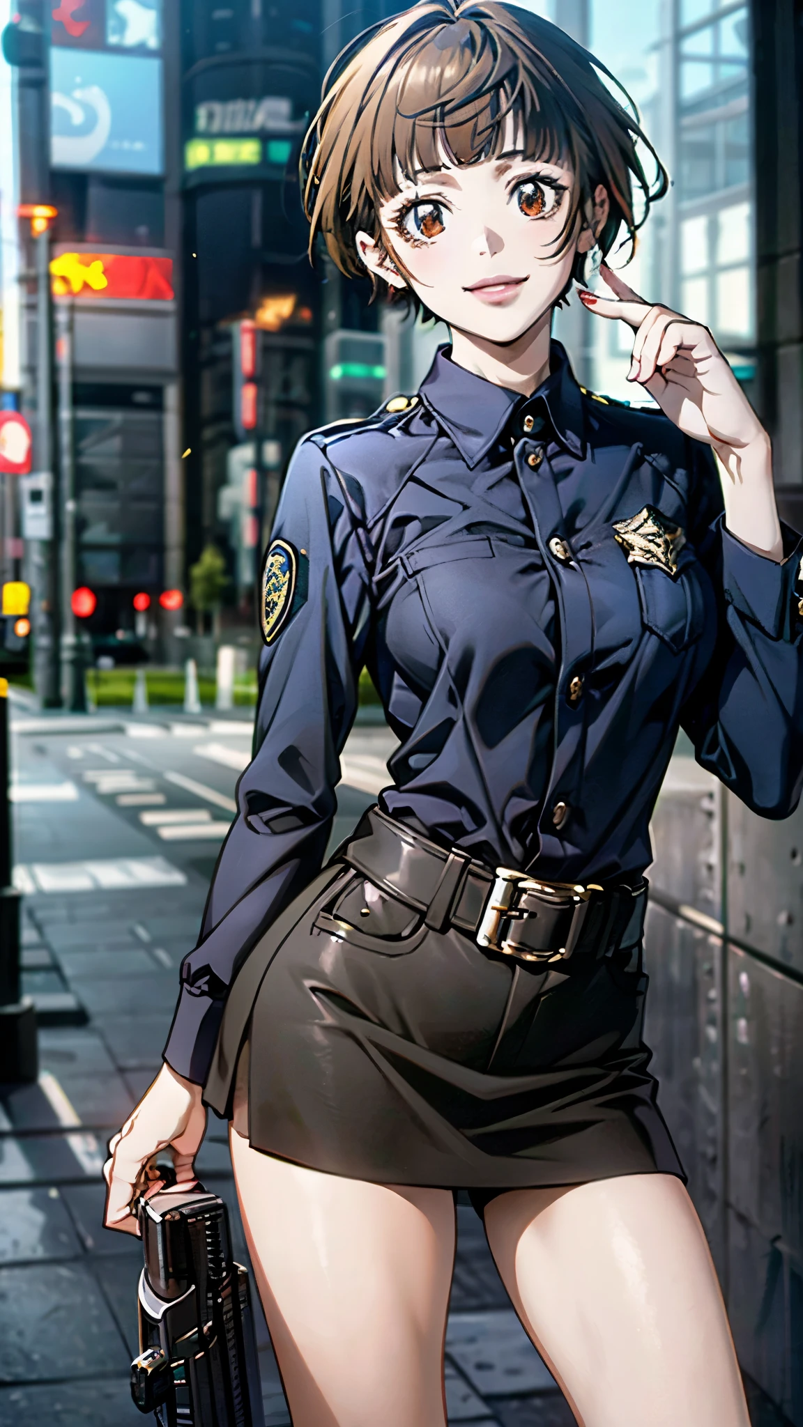 (masterpiece:1.2, top-quality), (realistic, photorealistic:1.4), beautiful illustration, (natural side lighting, movie lighting), 
looking at viewer, 1 girl, tsunemori akane, public security bureau criminal class 1, female surveillancer japanese, 
perfect face, perfect anatomy, cute and symmetrical face, shiny skin, 
(short hair, bob cut, brown hair), dark brown eyes, long eye lasher, (middle breasts), slender, 
beautiful hair, beautiful face, beautiful detailed eyes, beautiful clavicle, beautiful body, beautiful chest, beautiful thigh, beautiful legs, beautiful fingers, 
(navy tight skirt, navy jacket, shirt, police handgun holder on waist), 
(beautiful scenery), depth of field, morning, (city) standing, salute, (smile), 