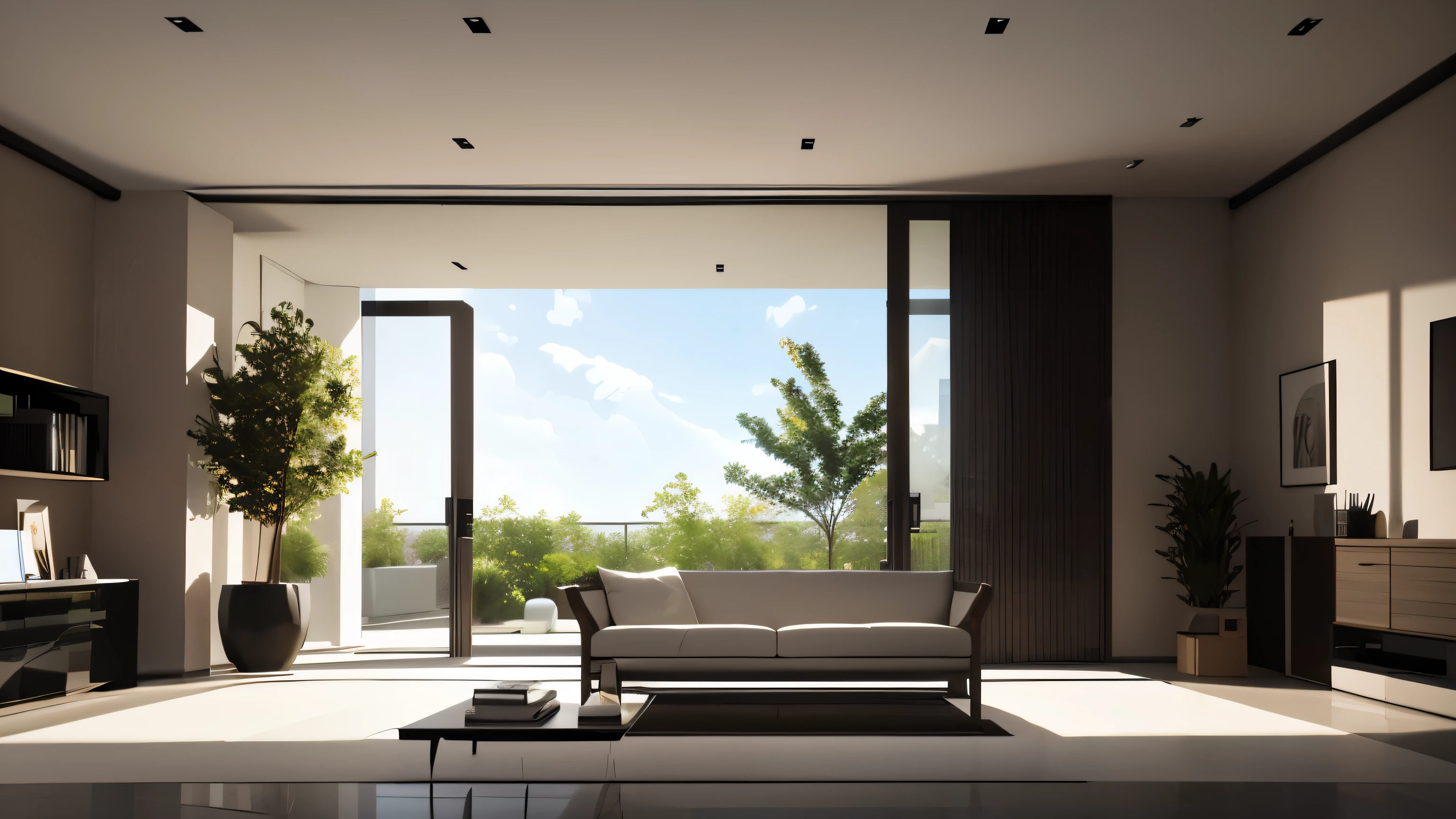 you are a famous interior designer、I was asked to create a 3D image of a large modern room.。. Create a harmonious environment with modern and minimalist furniture. Including garden interior.
