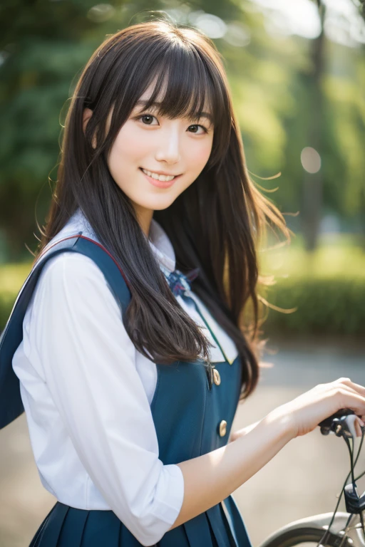 8k、highest quality、masterpiece、超A high resolution、picture、The elegance of beautiful Japanese women、Single-lens reflex camera、There are good ones、A transparent atmosphere、sexy lip、slanted bangs、beautiful face、long hair、make bangs、smile、natural soft light、One  high school girl in uniform、country road、riding a bicycle