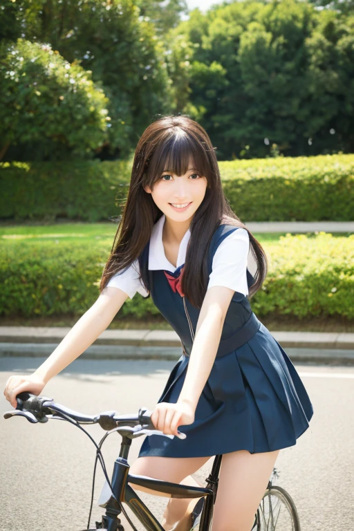 8k、highest quality、masterpiece、超A high resolution、picture、The elegance of beautiful Japanese women、Single-lens reflex camera、There are good ones、A transparent atmosphere、sexy lip、slanted bangs、beautiful face、long hair、make bangs、smile、natural soft light、One 17 year old high school girl in uniform、country road、riding a bicycle