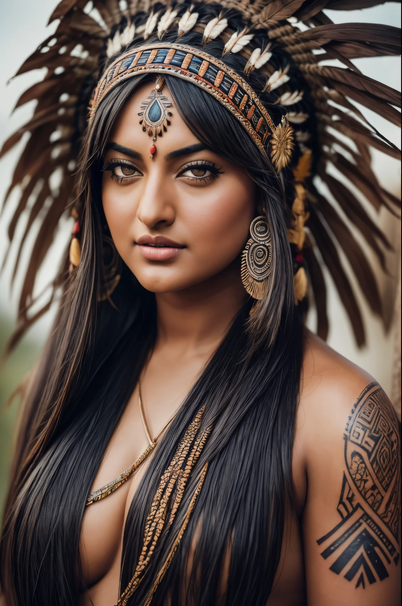 Looks like Sonakshi Sinha, Foto RAW: (pele altamente detalhada: 1.2), 8k UHD, DSLR, soft-lighting, alta qualidade, film grain, tribal girl, skin texture, skin pores, stunning looks, tribal headdress, tattoos, colorful tribal tattoos, tribal white girl, Polynesian tribe, best quality, best cinematic color grading, detailed lighting, high resolution, Fujifilm XT3
