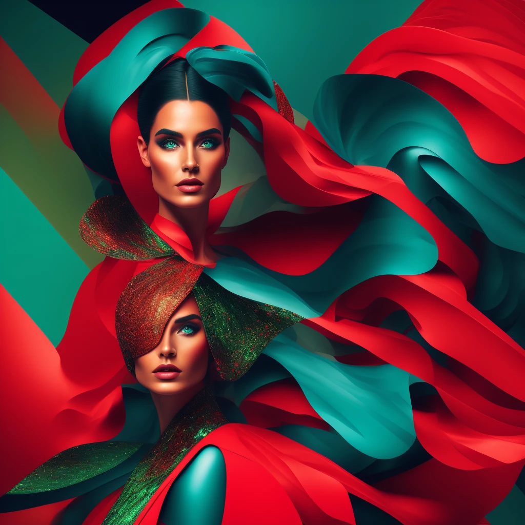 A portrait of a modern woman in contemporary fashion, set against a dark, 3D abstract background reminiscent of an aquarella painting. The image boasts high resolution and exceptional quality, with vibrant hues of green, red, and blue adding depth and allure. The woman's features are rendered in intricate detail, her attire shimmering and lifelike, creating an immersive, captivating visual experience.