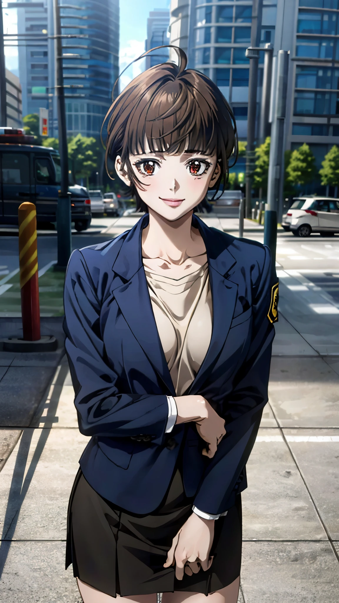 (masterpiece:1.2, top-quality), (realistic, photorealistic:1.4), beautiful illustration, (natural side lighting, movie lighting), 
looking at viewer, 1 girl, tsunemori akane, public security bureau criminal class 1, female surveillancer japanese, 
perfect face, perfect anatomy, cute and symmetrical face, shiny skin, 
(short hair, bob cut, brown hair), dark brown eyes, long eye lasher, (middle breasts), slender, 
beautiful hair, beautiful face, beautiful detailed eyes, beautiful clavicle, beautiful body, beautiful chest, beautiful thigh, beautiful legs, beautiful fingers, 
(navy tight skirt, navy jacket, shirt, police handgun holder on waist), 
(beautiful scenery), depth of field, morning, (city) standing, salute, (smile), 