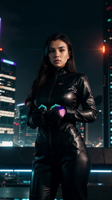 Create an image that depicts a secret agent in a futuristic cityscape. The agent should be dressed in a sleek black jumpsuit and equipped with high-tech gadgets, such as a smartwatch that doubles as a communication device and a grappling hook that can launch from their wrist. In the background, there should be a sleek, modern cityscape with towering skyscrapers and neon lights. The agent should be shown in a dynamic pose, perhaps jumping or running, to convey a sense of action and urgency. The image should have a dark and moody color palette, with a focus on blacks, blues, and purples. Incorporate futuristic elements such as flying cars, holographic billboards, and neon-lit streets to create a sense of a dystopian future. The agent should be the main focus of the image, with the cityscape serving as a gritty, high-tech backdrop for their mission.