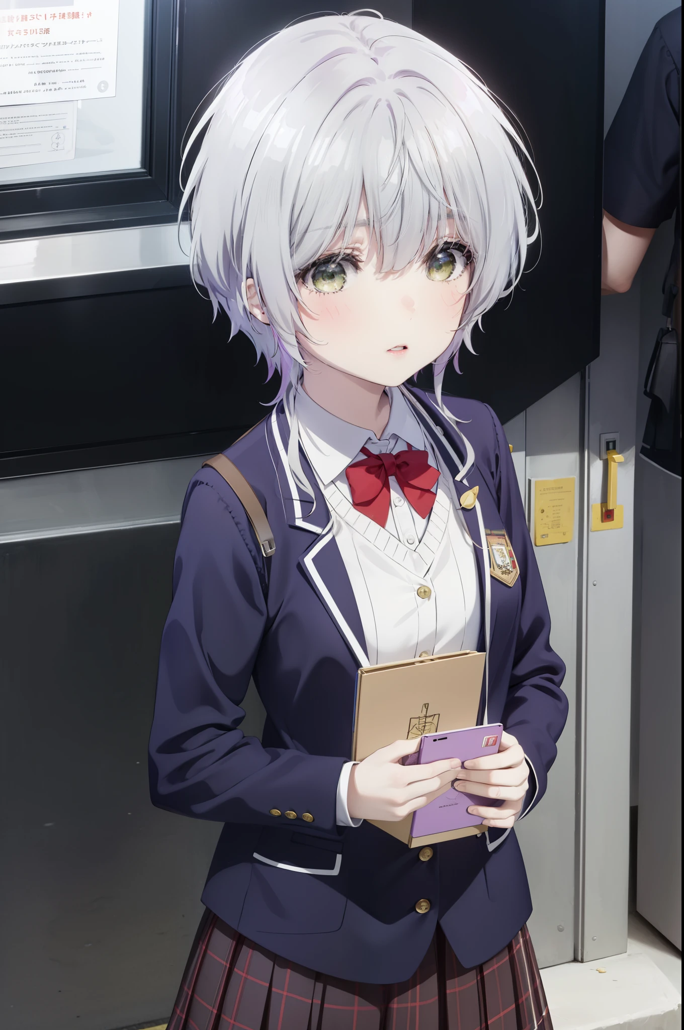 fuukakikuchi, fuuka kikuchi, short hair, bangs, hair between eyes, (green eyes:1.3), gray hair,nendroid,
break skirt, shirt, long sleeve, school uniform, Jacket, white shirt, pleated skirt, tie, collared shirt, plaid, plaid skirt, blazer, red tie,
break indoors, classroom,
break looking at viewer,
break (masterpiece:1.2), highest quality, High resolution, unity 8k wallpaper, (figure:0.8), (detailed and beautiful eyes:1.6), highly detailed face, perfect lighting, Very detailed CG, (perfect hands, perfect anatomy),
