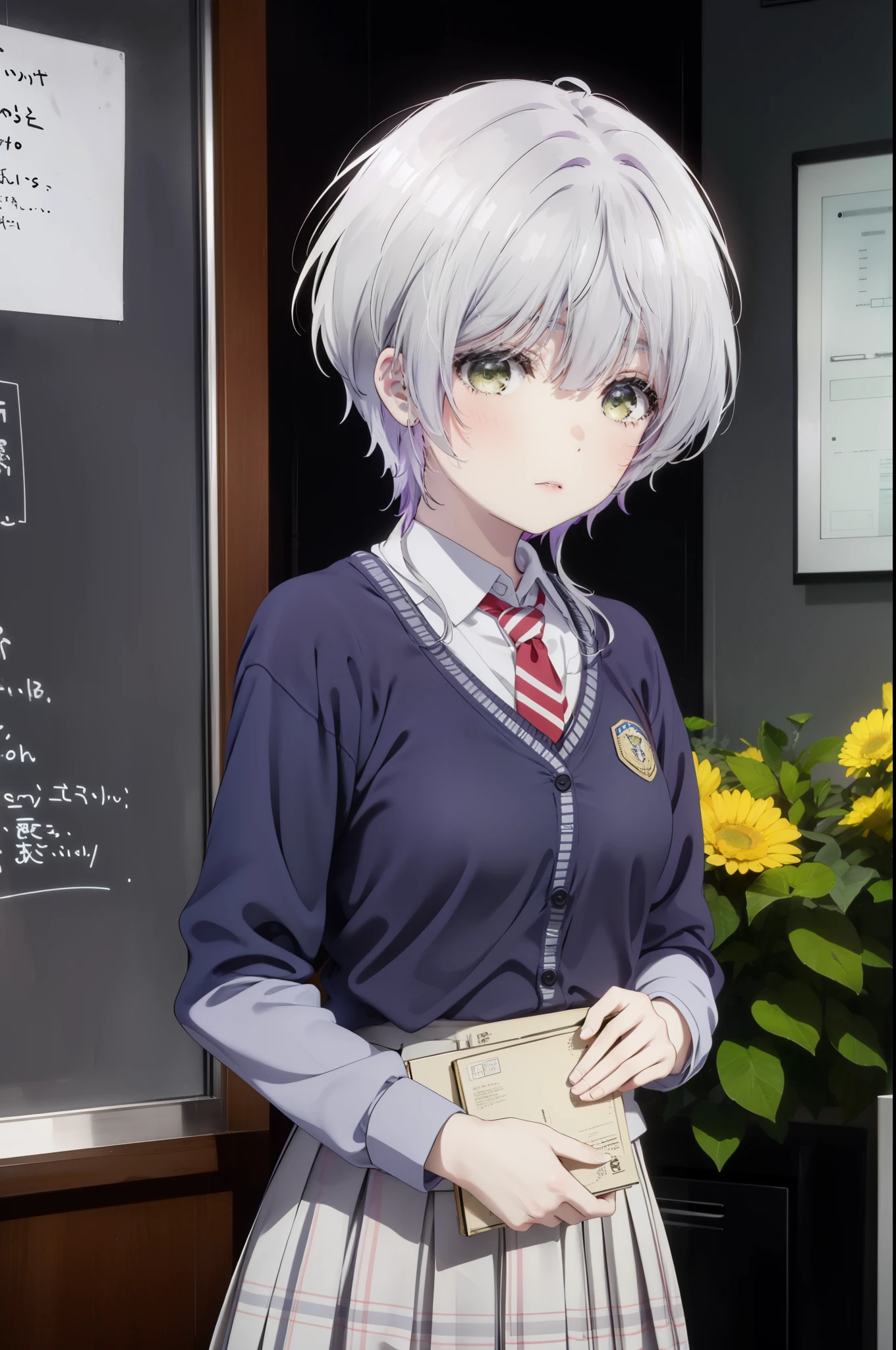 fuukakikuchi, fuuka kikuchi, short hair, bangs, hair between eyes, (green eyes:1.3), gray hair,nendroid,
break skirt, shirt, long sleeve, school uniform, Jacket, white shirt, pleated skirt, tie, collared shirt, plaid, plaid skirt, blazer, red tie,
break indoors, classroom,
break looking at viewer,
break (masterpiece:1.2), highest quality, High resolution, unity 8k wallpaper, (figure:0.8), (detailed and beautiful eyes:1.6), highly detailed face, perfect lighting, Very detailed CG, (perfect hands, perfect anatomy),