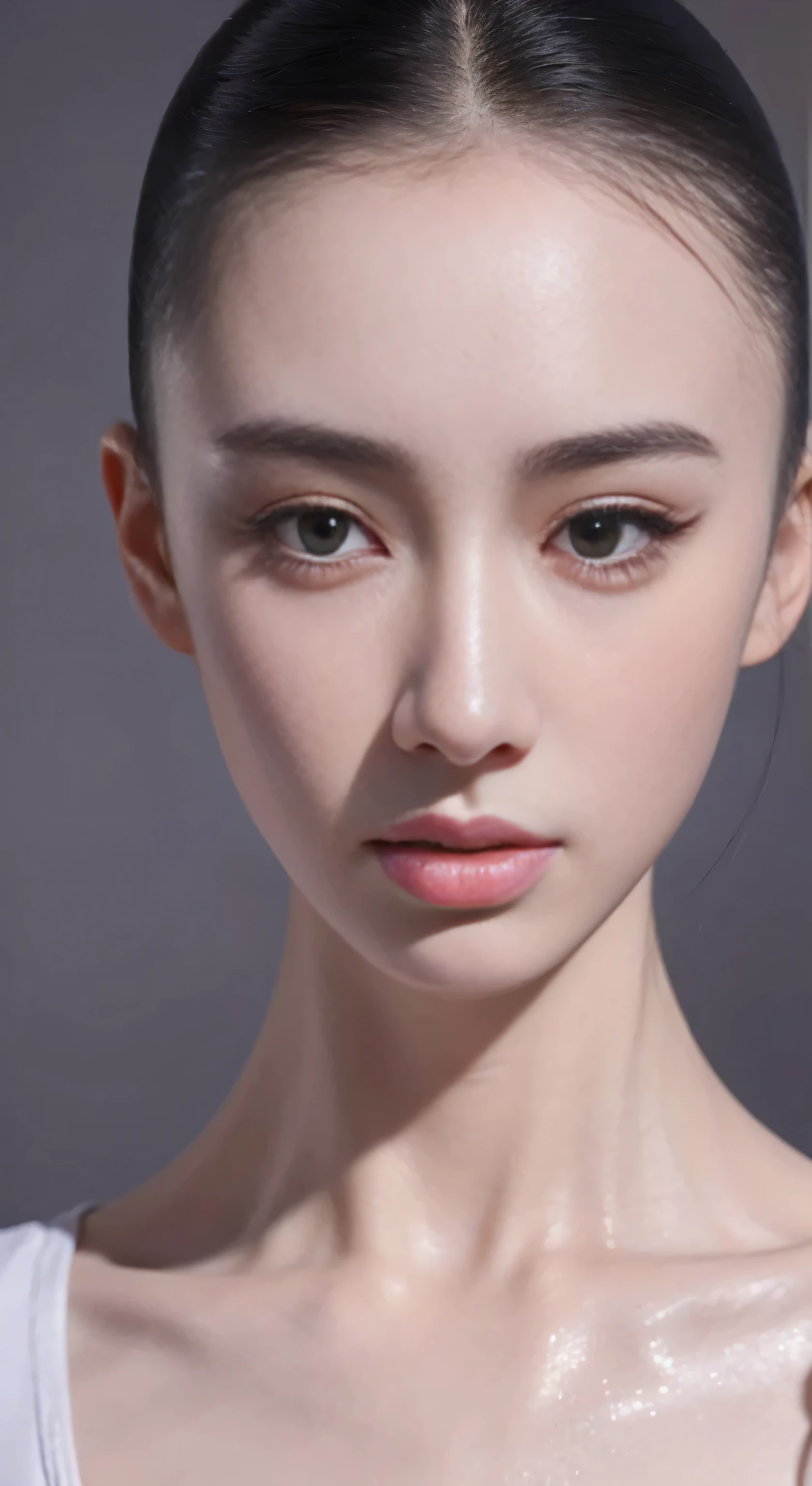 fashion model 18 years old [[[[Close-up face]]]], [[[[]]]], [[[[rape]]]], perfect eyes, perfect iris，perfect lips，perfect teeth，Perfect skin，Has fair skin，long face，slender nose，girl，((Chinese ballet dancer&#39;s face))，Keep your eyes on the camera，A delicate face，Raised sexy，Slim，（face close-up），gray background，4K Ultra HD, ultra high resolution, (lifelike: 1.4), best quality，masterpiece，（pastel colors：1.2），（Front view 1.8)