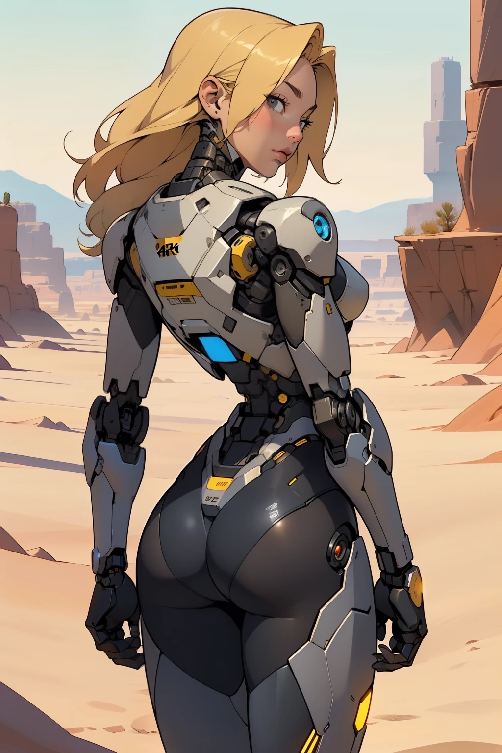 high quality, 4k, masterpiece, beautiful, cyborg girl, cowboy shot, dull eyes, back side, turning around to look at viewer, long blonde hair, girl, small breasts, fit thigh, robotic arms, robotic body, cyborg body, yellow accent, red accent, intricate detail, joint, detailed lines, robotic detail, holding fist up, holding hand up as fist, color robotic parts, robotic parts with color, perfect fingers, on a desert planet, sunny background, colorful desert, a river or a lake in the background