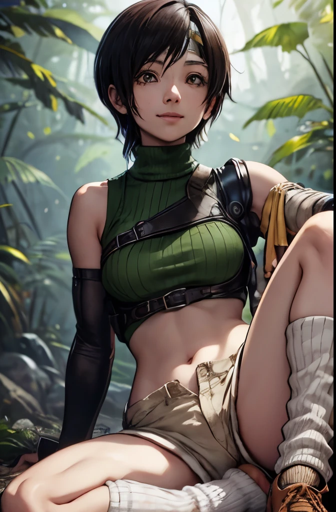 thick outline, comics, realistic, perfect hands, masterpiece:1.2, forest, colorful, sitting、spread legs, smile, 1 girl, alone, Yuffie Kisaragi, short hair, black hair, head band, sleeveless turtleneck, shoulder armor, arm guard, fingerless gloves, tan shorts, single thigh high, fishnet, socks, sneakers, small breasts, detailed background, detailed face, fine eyes, 