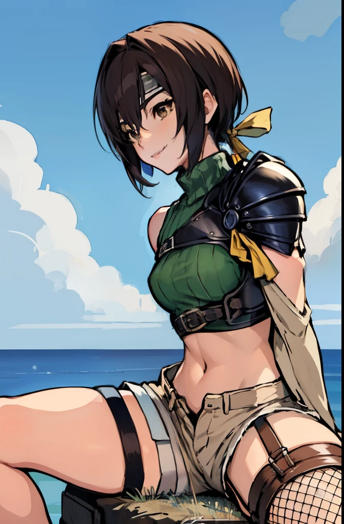 masterpiece, highest quality, Yuffie Kisaragi, head band, sleeveless turtleneck, shoulder armor, arm guard, fingerless gloves, tan shorts, single thigh high, fishnet, sitting、spread legs, From the side, blue sky, Grass, I furrowed my brow., smile 